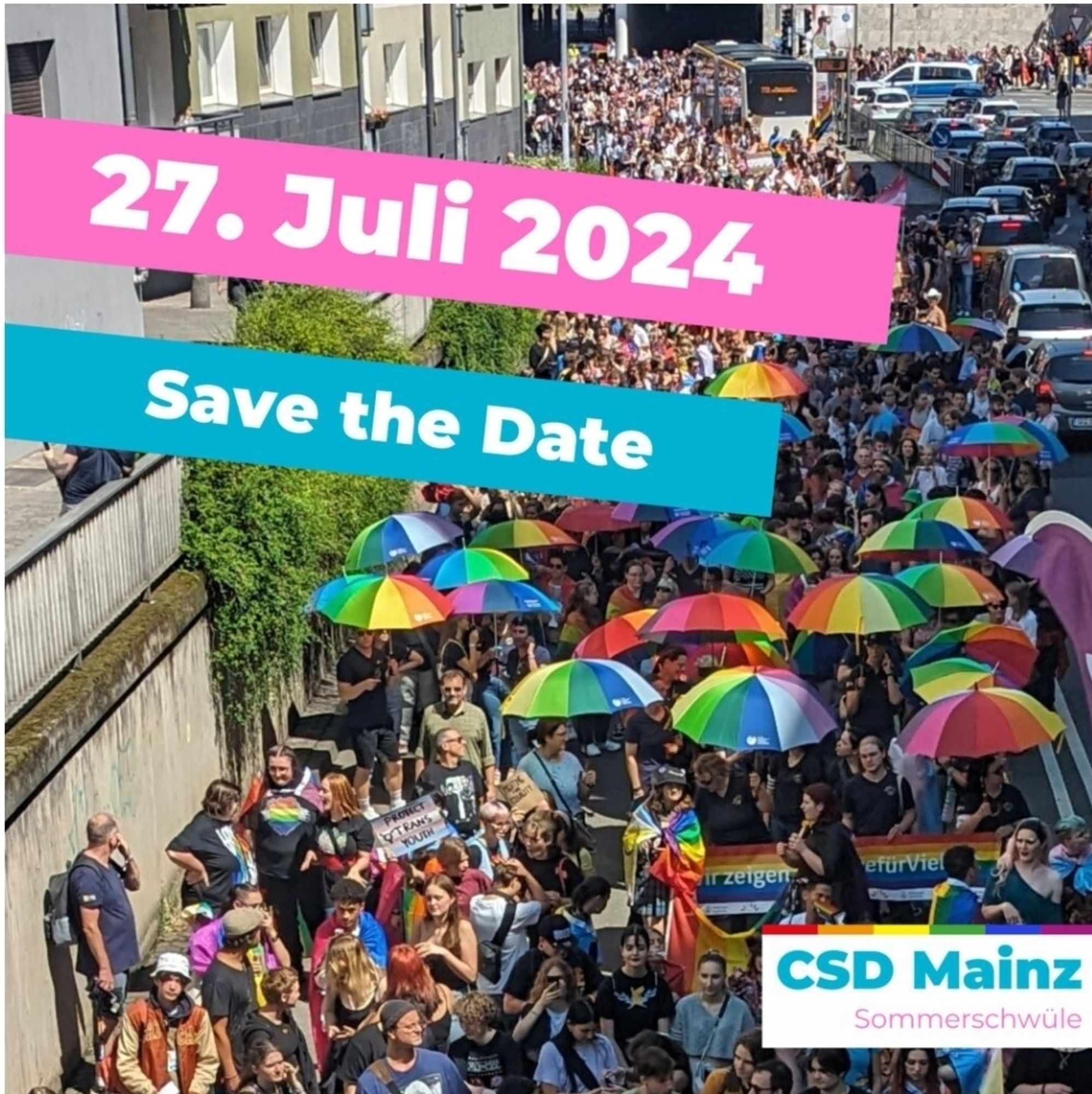 Safe the Date für den CSD Mainz 2024 am 27. Juli.
Hintergrund: ein Bild der Demo 2023.