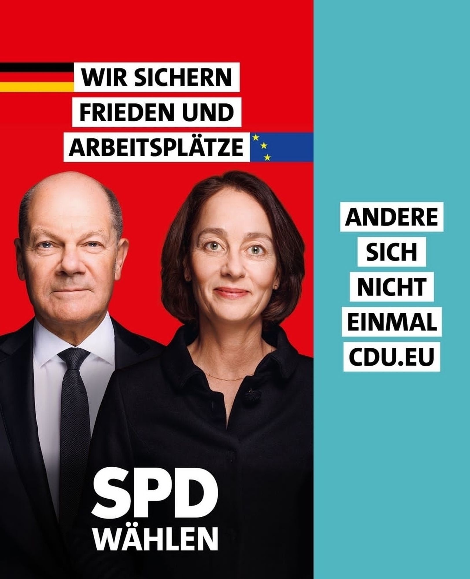 SPD Wahlwerbung mit dem Text: wir sichern Frieden und Arbeitsplätze, andere sich nicht einmal cdu.eu (gemeint ist die Domain).