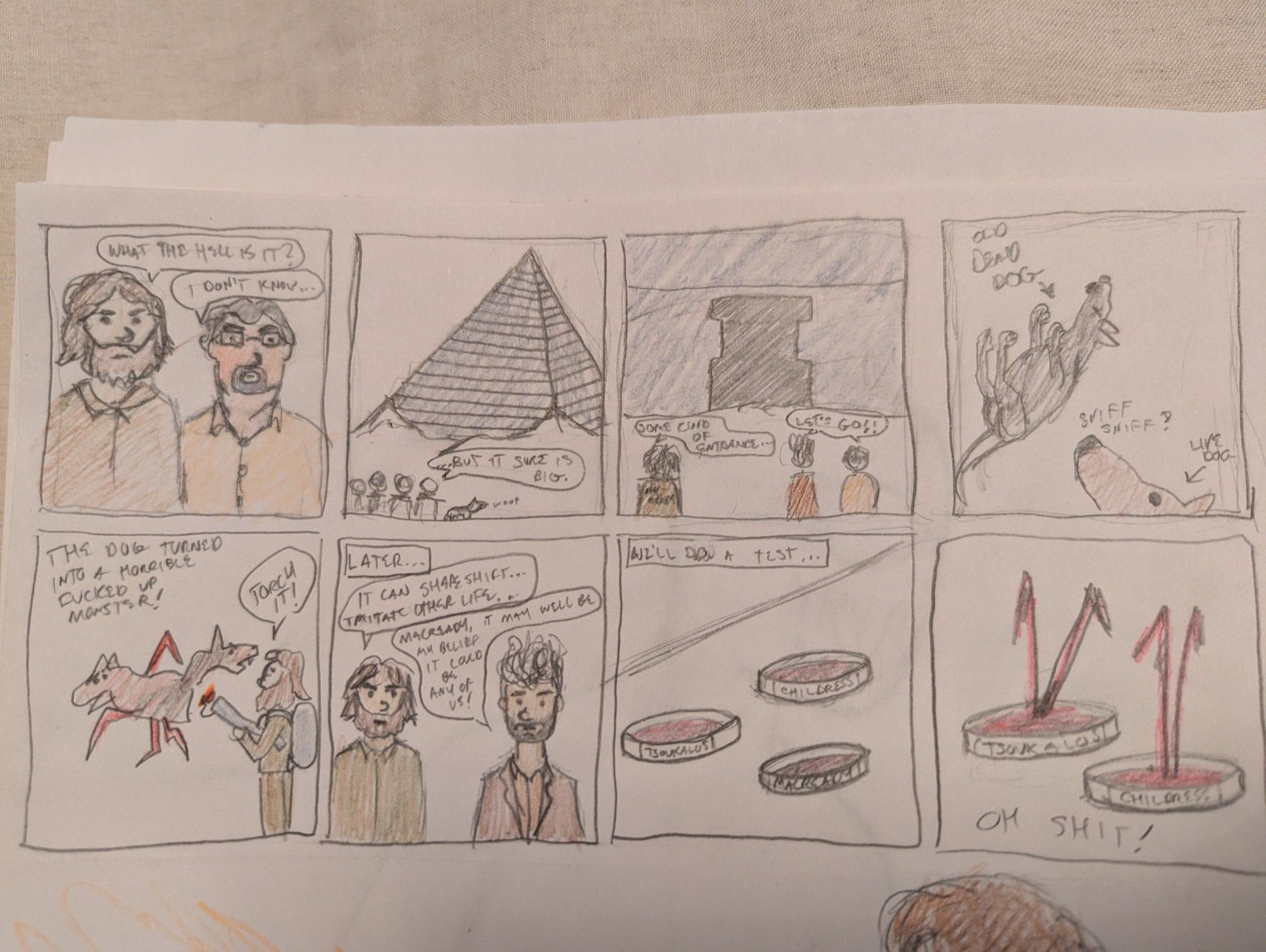 Amateur comic in which MacReady from The Thing accompanies ancient alien ding-dongs to an arctic pyramid, a dog gets infected by The Thing, and they do the blood sample test which shows David Childress and Giorgio Tsoukalous have been infected