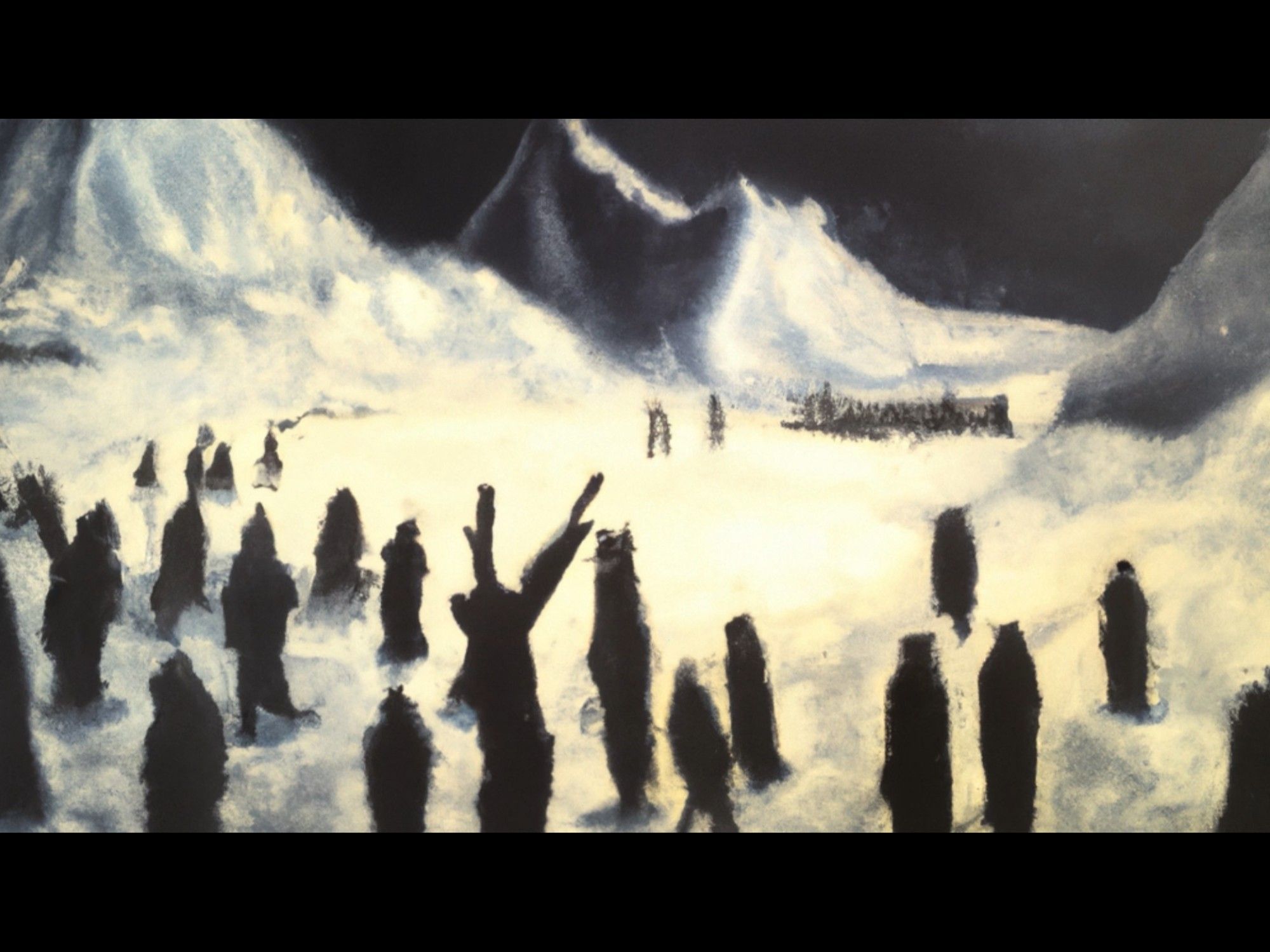 Many humanoid silhouettes in what looks like a snowy landscape