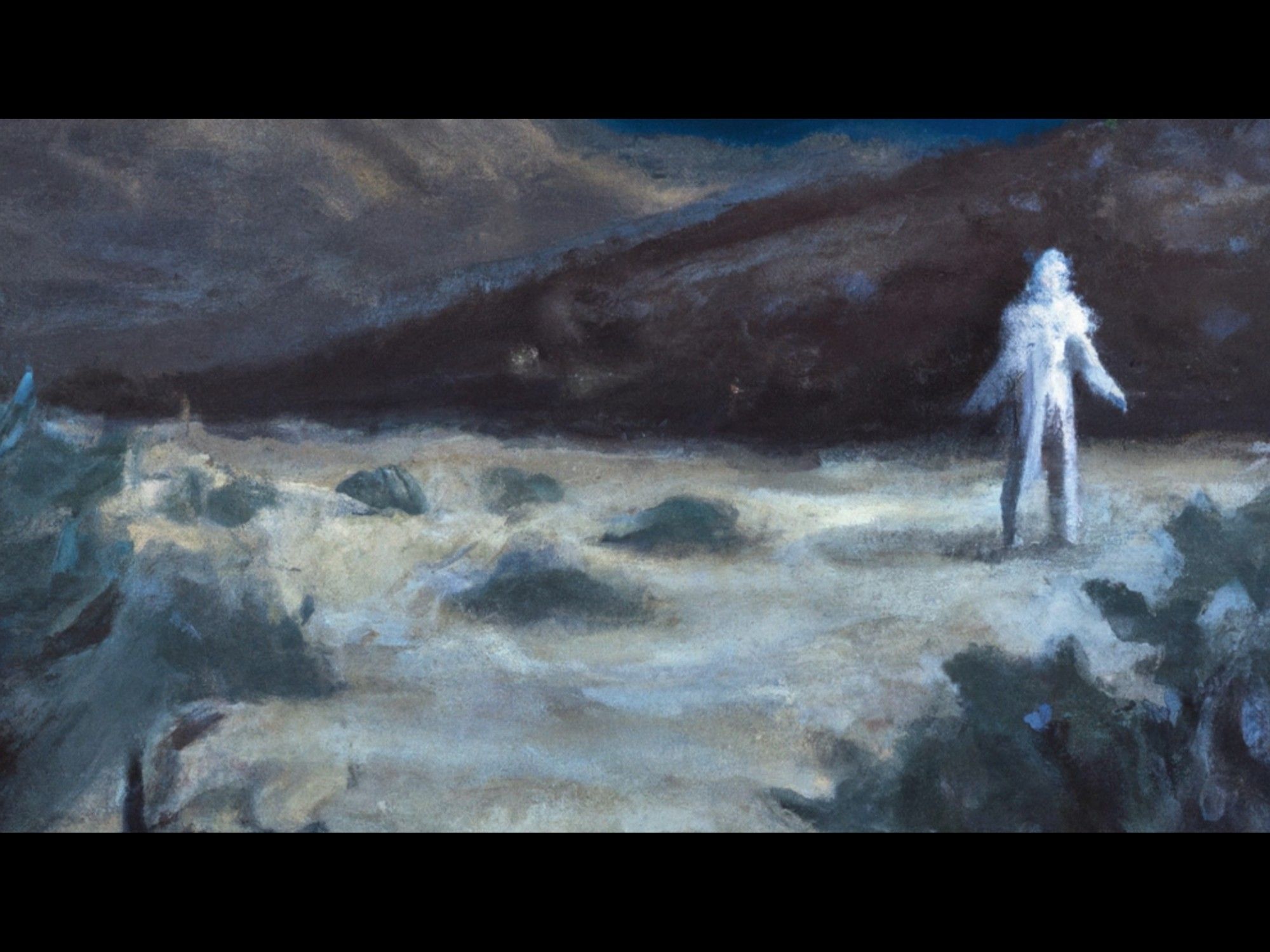 Painting of a weird white humanoid figure standing in a blue hued desert landscape