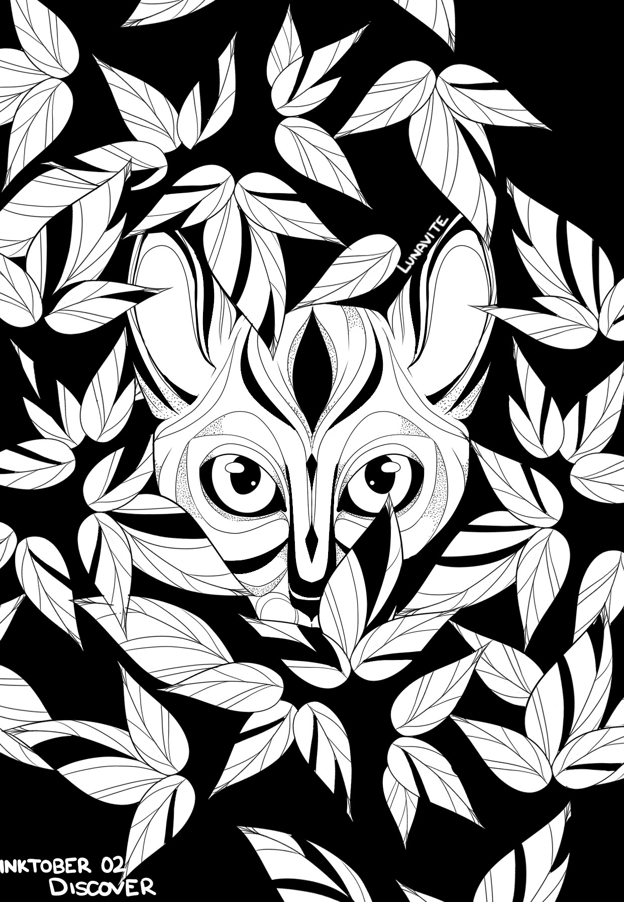 a cat hidden among leaves, the style is done purely in black and white with heavy focus on black in the piece and some dot work as shading. The piece mostly features linework as a focal point