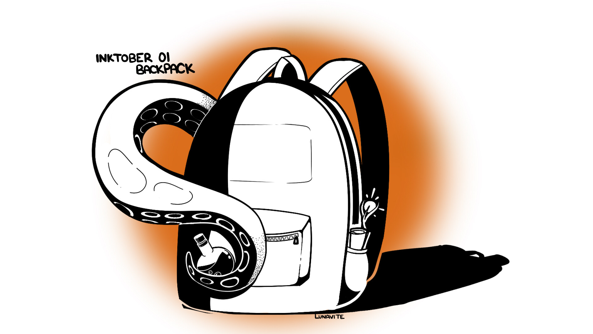 A black and white witch's backpack. There is a tentacle coming out of the left side of the bag holding a potion bottle. On the right side there is a pouch with a wand and scroll. There is an orange background and black words that say "Inktober 01 Backpack"