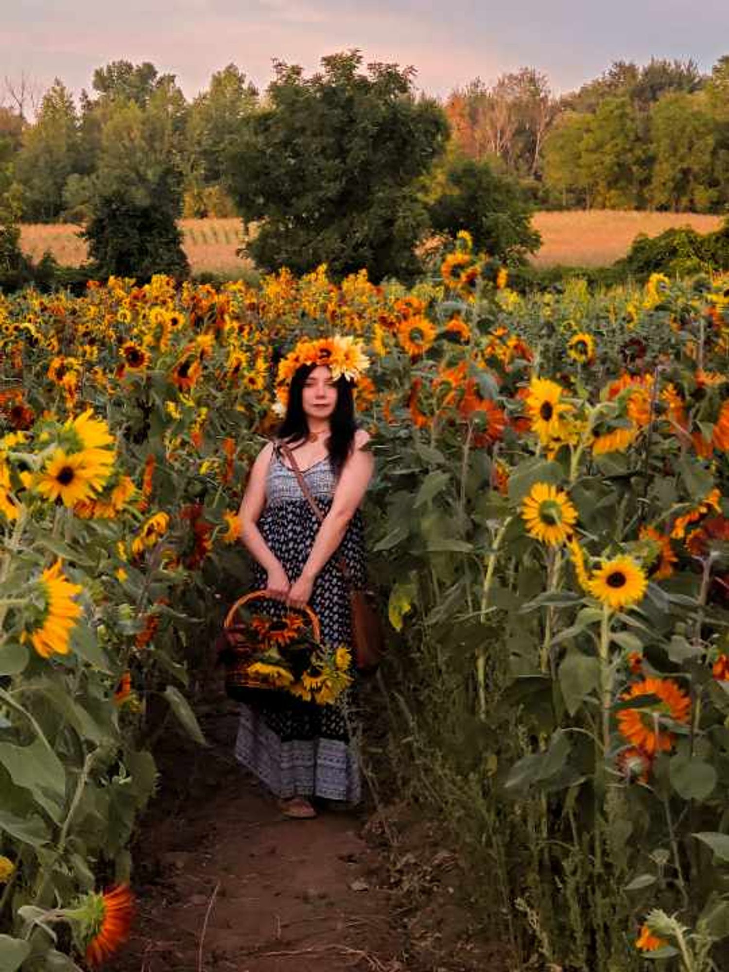 Sophie is standing in the middle of a sunflower field with farmland further behind. She is wearing a large sunflower crown and has a basket of sunflowers in her hands. She is wearing a long, patterned navy and white dress, a brown wooden necklace, sandals, and a brown leather bag. She has pale skin and long dark hair. All the sunflowers appear to be turning towards her. The vibe is very 70s.