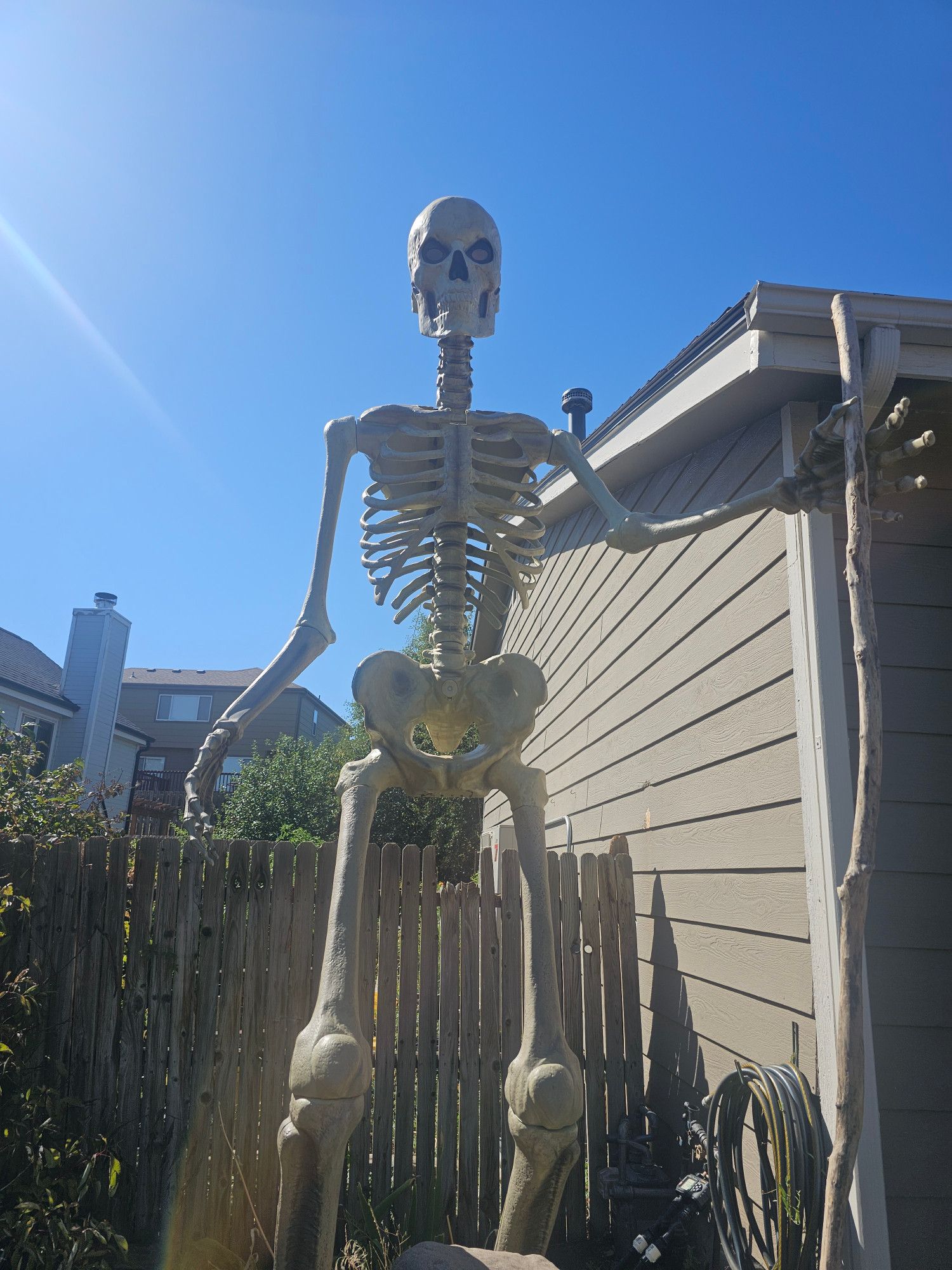 Skeleton taller than the house it stands next to, looming above the viewer, with a sharp sunbeam streaming down from the edge of the frame