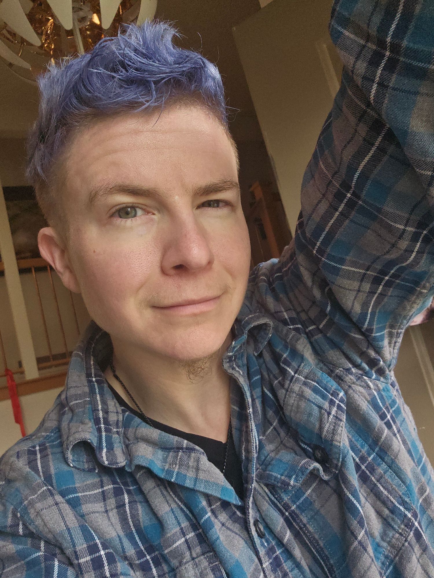 White genderqueer person with messy curly silvery blue hair and stormy blue eyes wearing a blue and grey flannel, leaning one arm up against a wall behind the camera,  smirking in soft invitation at the viewer