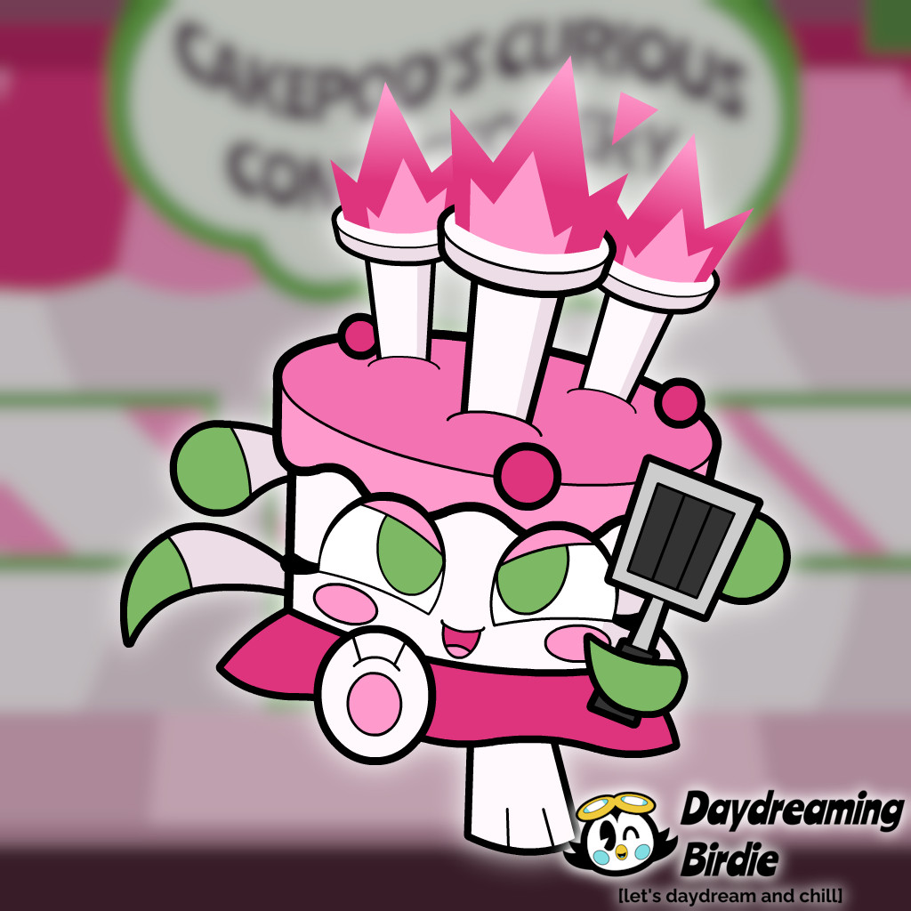 Artwork of a pink and white cake running while holding a grey spatula.