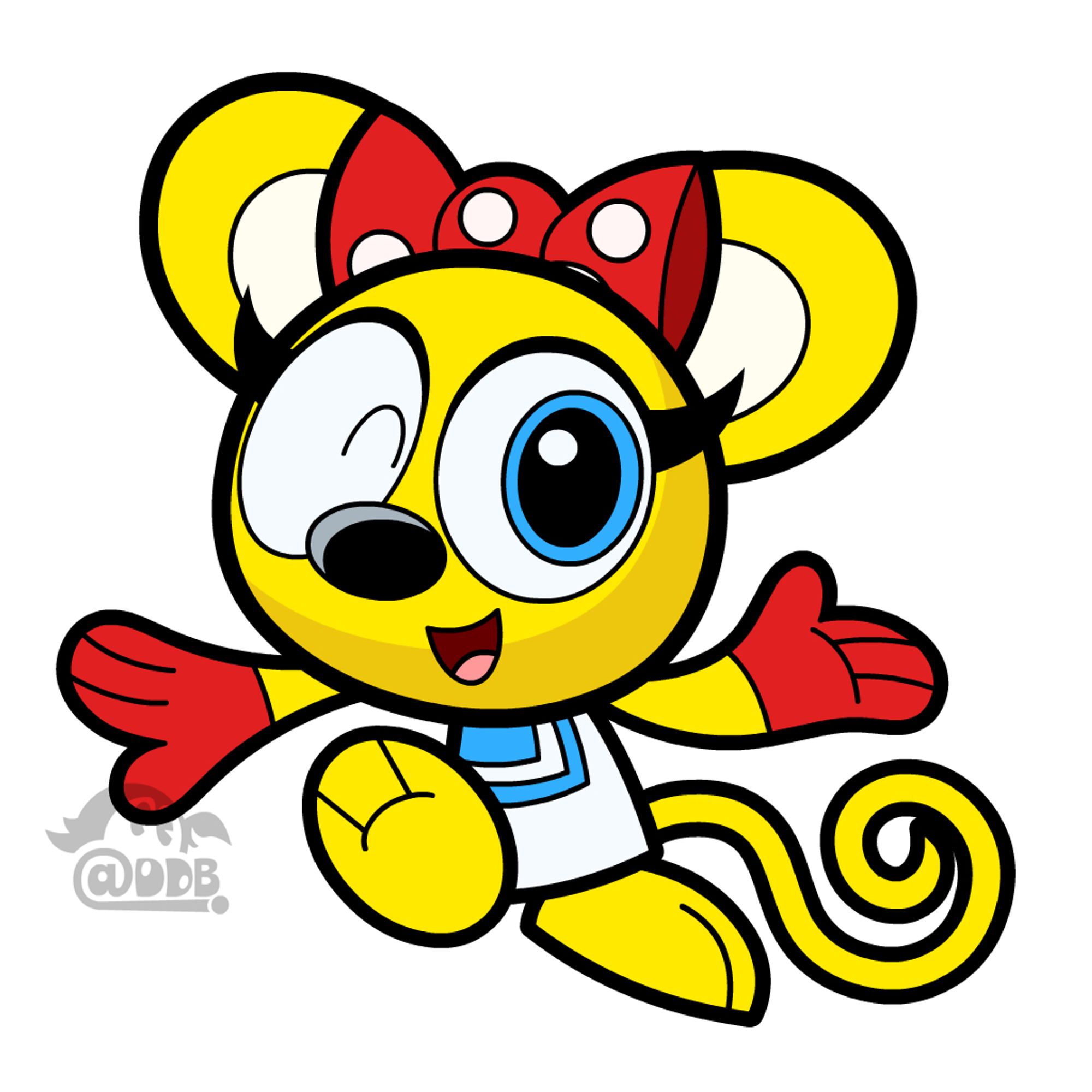 Artwork of a yellow mouse in a red bow and blue and white dress.