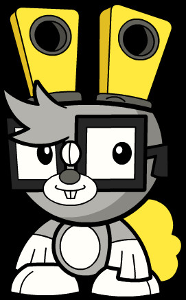 Artwork of a grey electric rabbit with yellow electric plug ears and thick glasses.