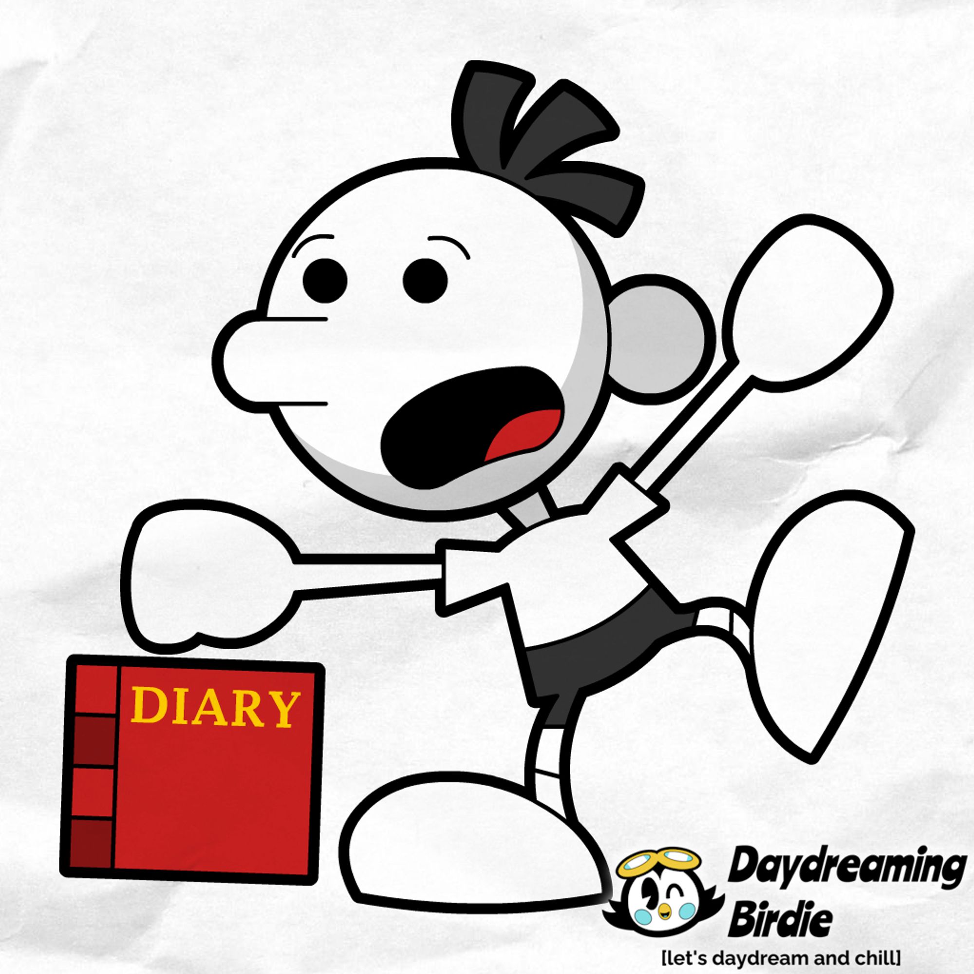 Artwork of a black and white teen male imitating Mr. Game & Watch's pose. He is ringing a red diary.