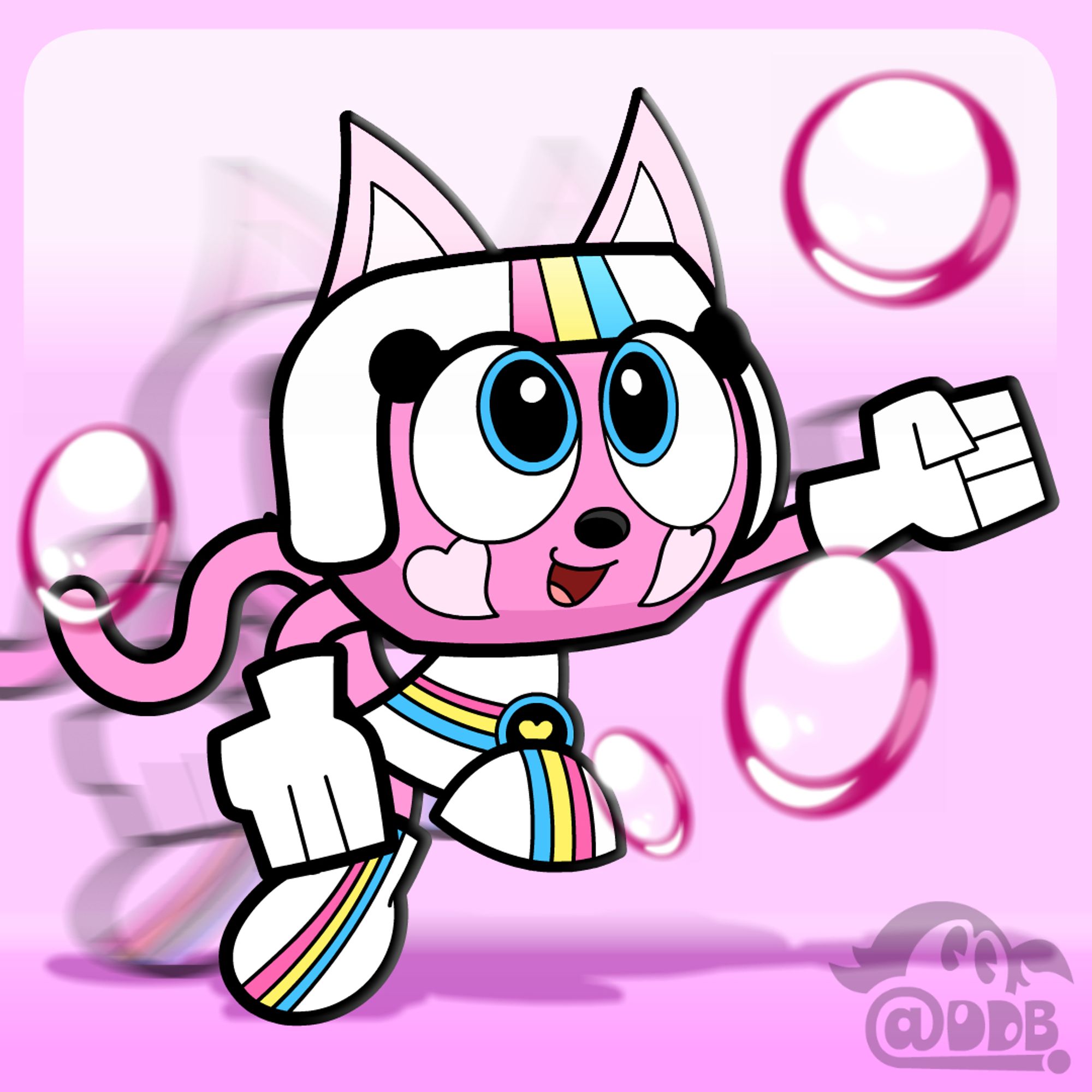 Artwork of a pink cat in a daredevil outfit.