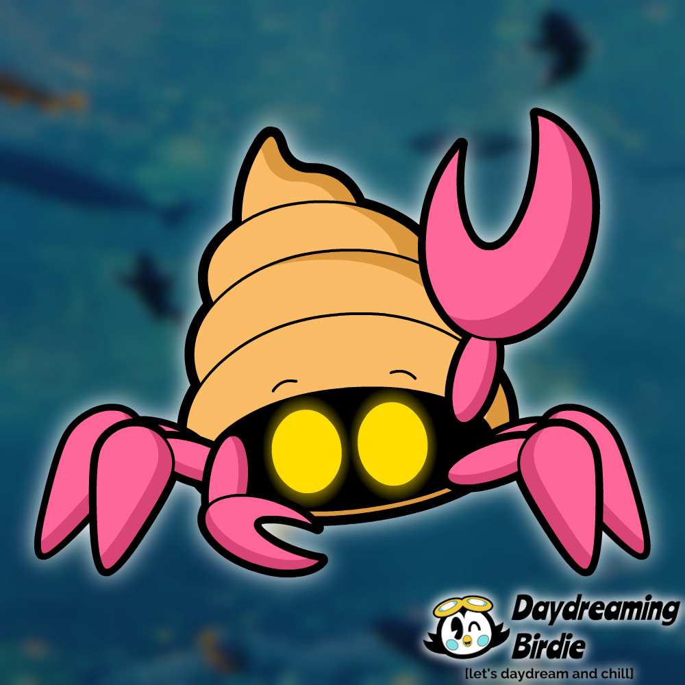 Artwork of a hermit crab with a beige shell, yellow glowing eyes, and a pink limbs.