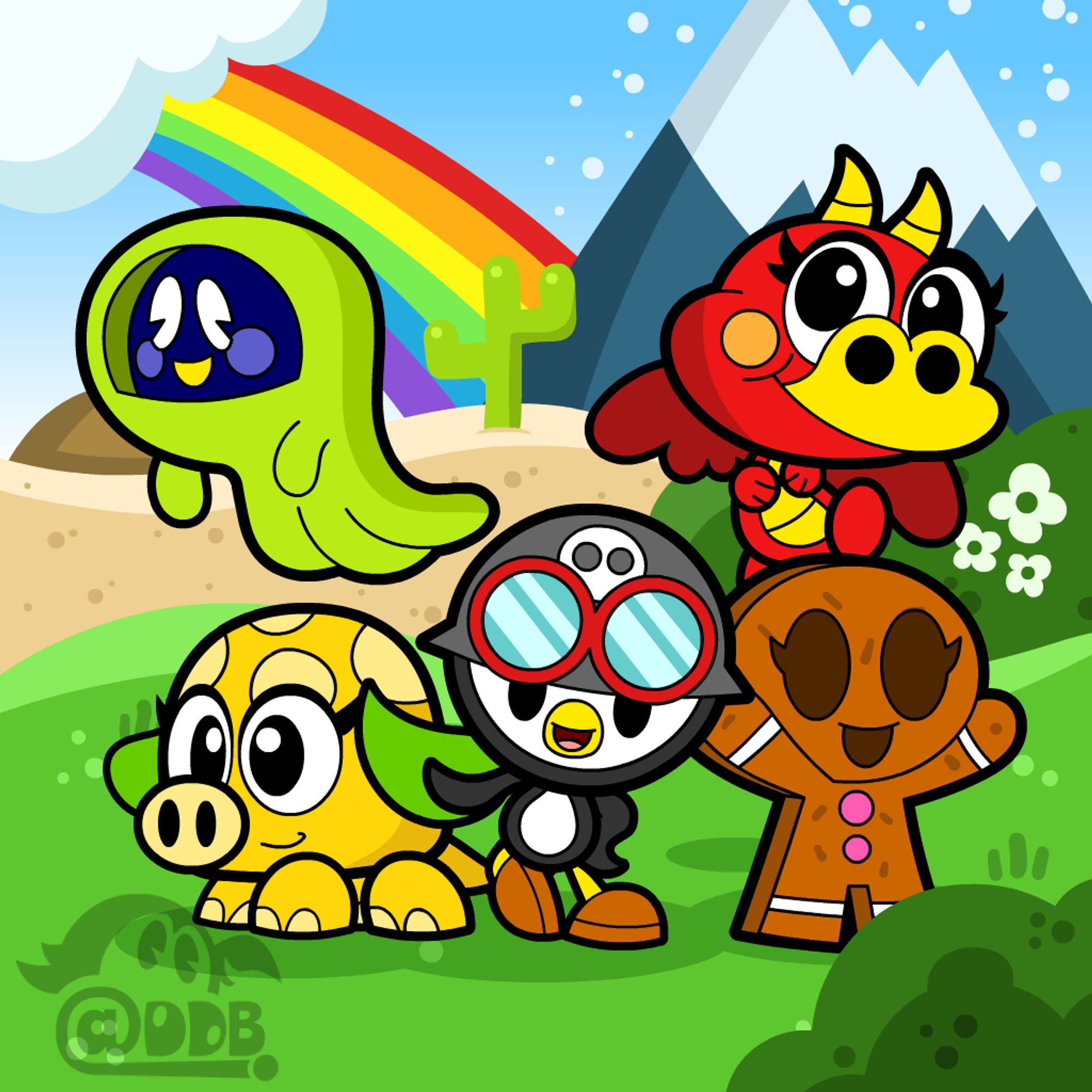 Colourful artwork of five characters: a lime-green ghost, a yellow creature, a daredevil penguin, a gingerbread man, and a red and yellow dragon.