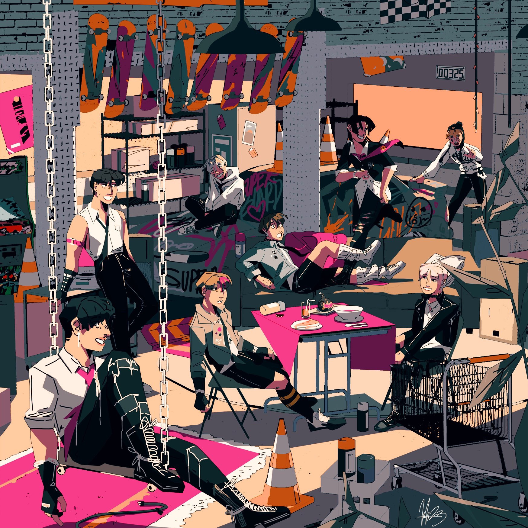 drawing of stray kids in a chaotic garage