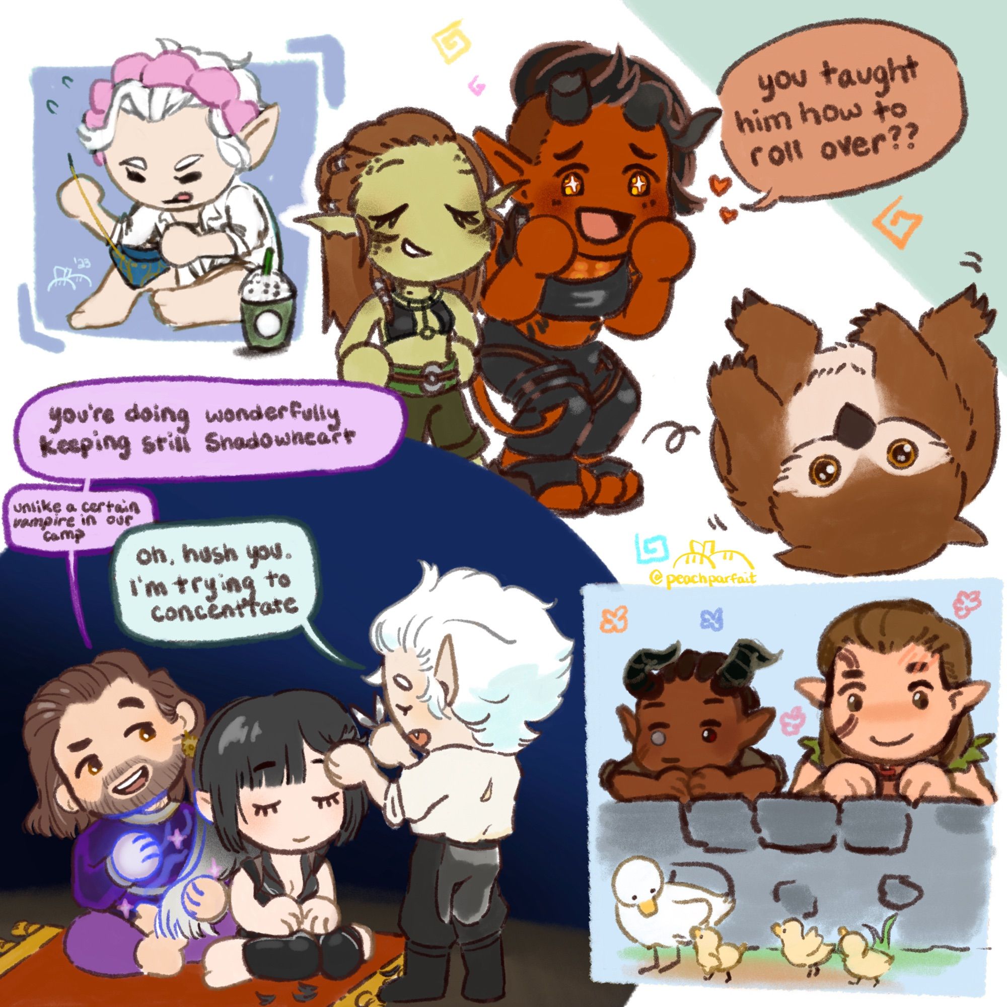 A few different baldurs gate 3 doodles including Wyll and Halsin watching a duck and its babies together, the owl bear cup rolling on his back while Karlach adoringly says “you taught him to roll over??” While Lae’zel smiles smugly (she did), a little doodle of Astarion embroidering his underwear with a matcha Frappuccino and a beauty influencer makeup headband, and a drawing of Astarion trimming Shadowheart’s hair while Gale magically turns it white with the following dialogue: Gale: “you’re doing wonderfully keeping still Stadiwheart….unlike a certain VAMPIRE in camp” Astarion: “oh, hush you. I’m trying to concentrate”