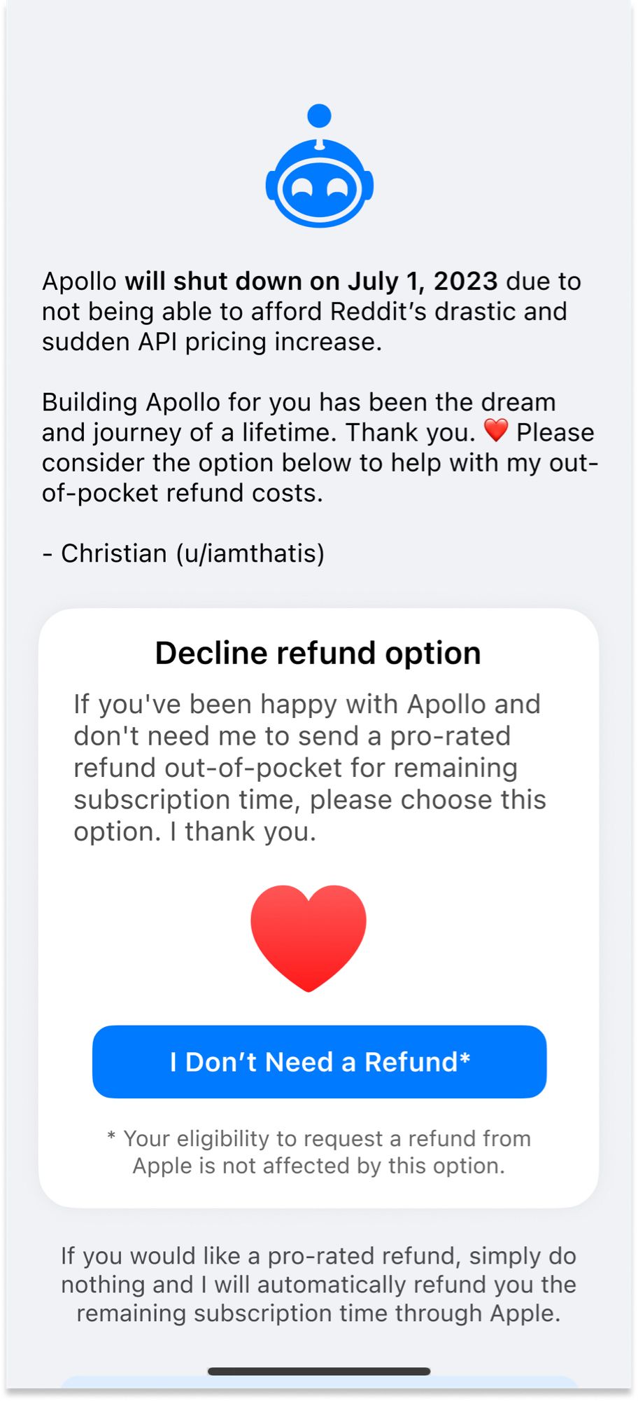 Apollo refund option screen showing the ability to decline a refund

