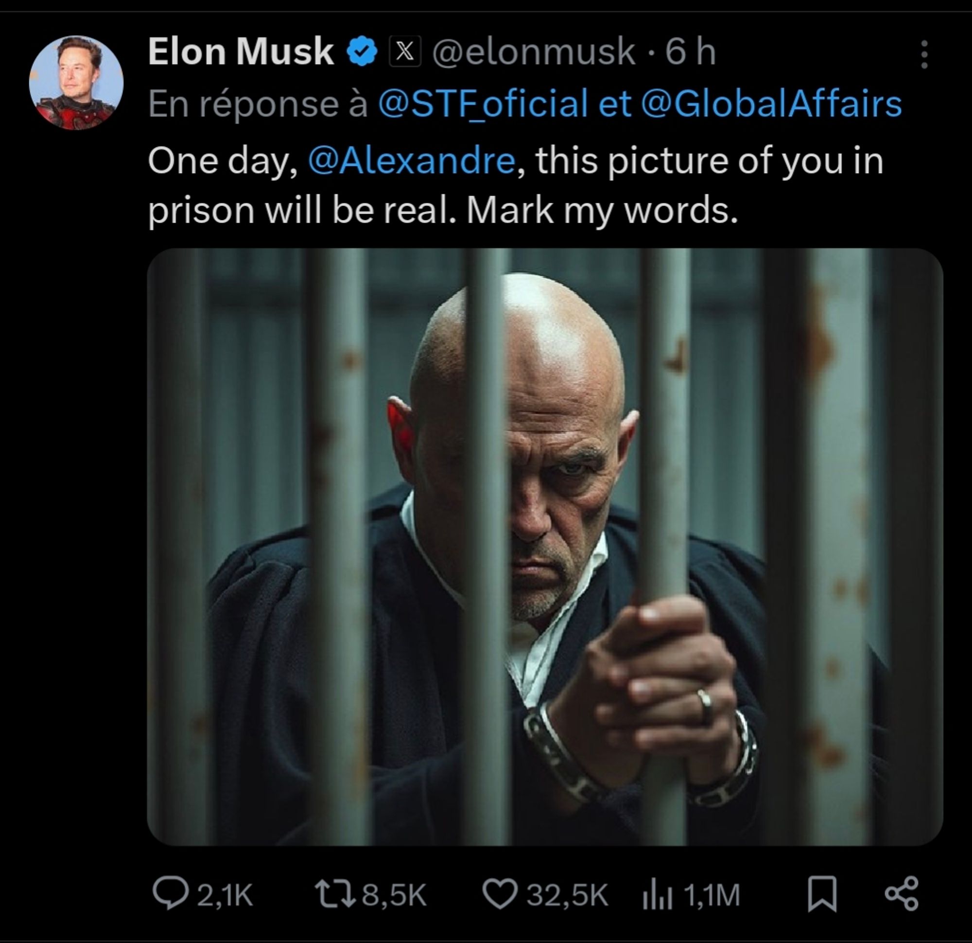 Image IA représentant le juge Alexandre de Moraes derrière des barreaux.
Musk écrivant un jour Alexandre la photo avec toi en prison sera réelle, crois moi