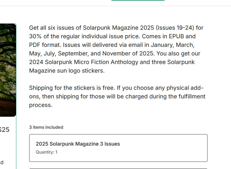 screen grab from the kickstarter page where the longform info for the backer level says 6 issues, but the first items included inset box says 3 issues