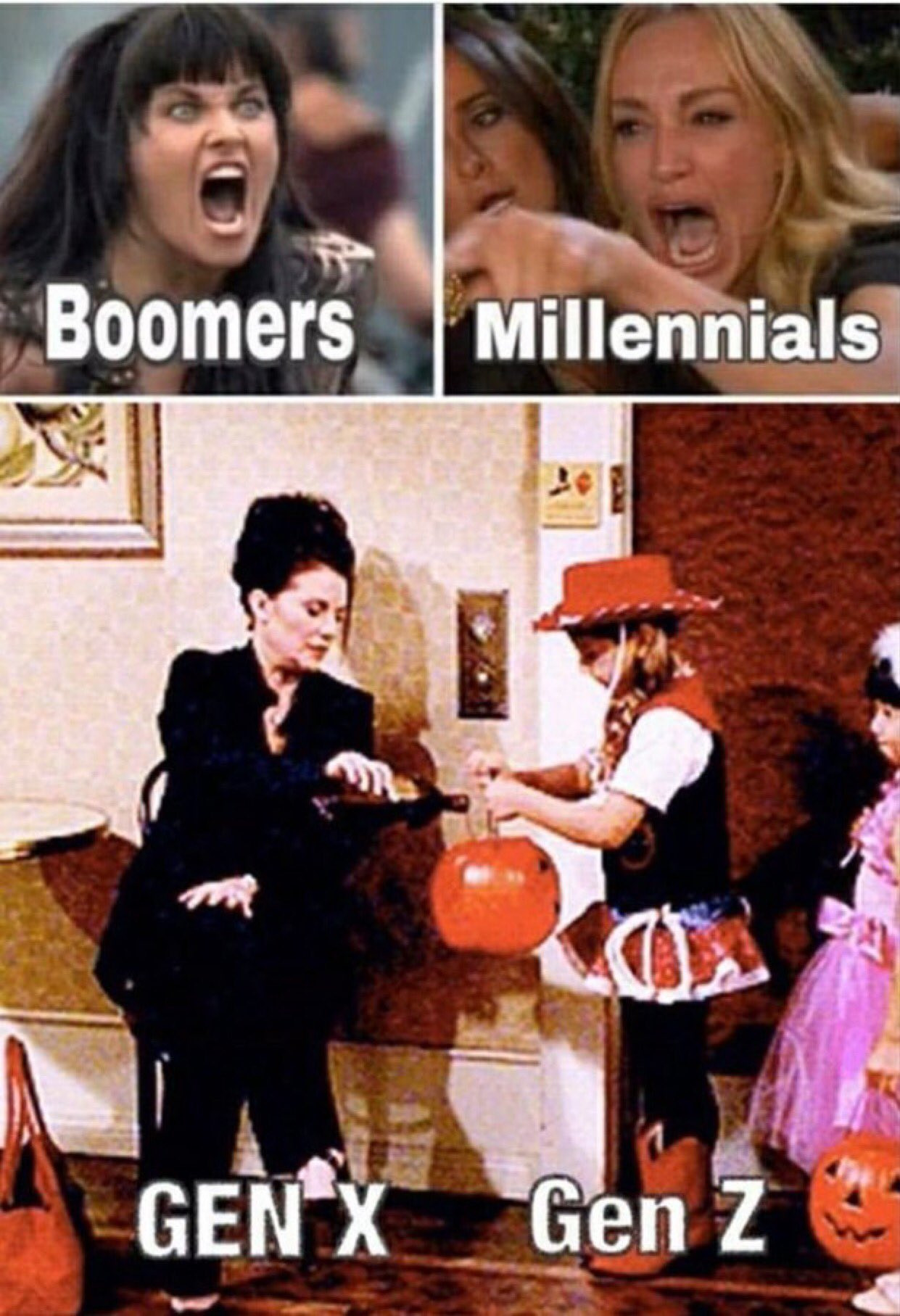 old meme image of boomers and millennials yelling at each other while gen x bonds with gen z, in the form of "Karen" from Will & Grace pouring alcohol into a trick or treat pumpkin held by a kid in costume.