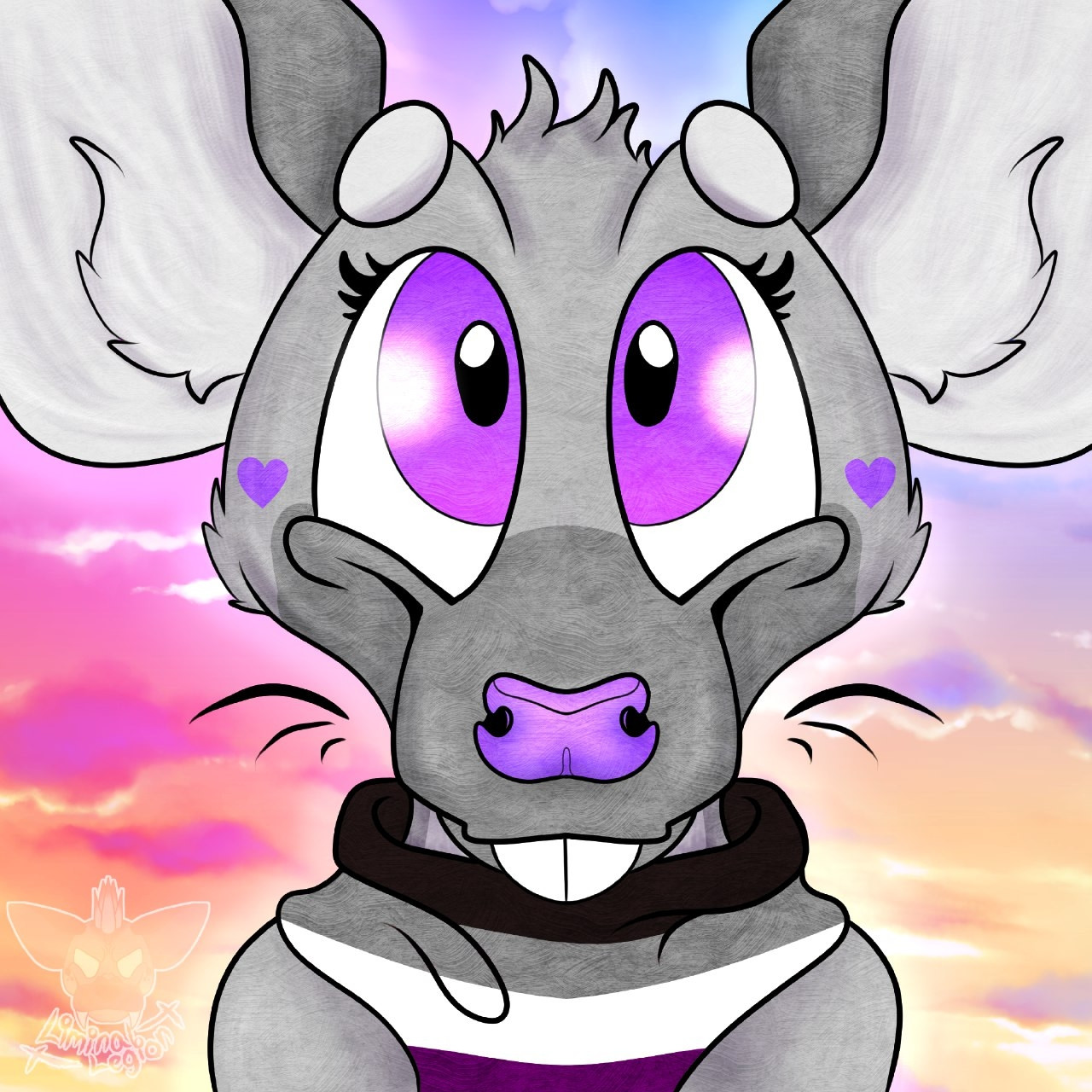 A toony digital drawing of a smiling light grey mouse with slightly darker grey for her muzzle and her ears. She has lighter grey on the inside of her ears and for her eyebrows. The same lighter grey runs down the front of her neck and the front of her torso. She has a purple nose and purple eyes as well as a purple heart on both of her cheeks. The mouse is looking at the camera as she wears an ace pride bandana. The bandana has 4 lines going from black, grey, white, to purple. The background is a vibrant sunset with clouds.