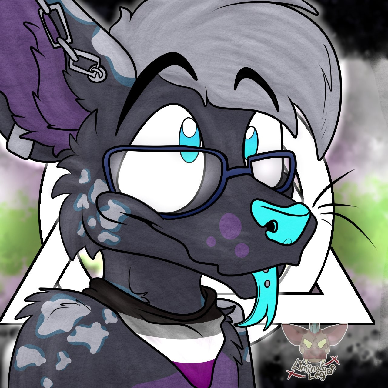 A toony digital drawing of a hybrid fursona. They are a dark purple-ish grey with a different purple for inside their ears and 3 spot markings on their muzzle and on their chest. They have dark grey-blue and light grey leopard spots and the same light grey  is used for their hair and for the piercings on their tongue and right ear. They are wearing dark blue rimmed glasses. The hybrid fursona is looking to the right of the canvas with their electric blue tongue sticking out. Their nose is the same blue. They are wearing an ace pride bandana that has 4 lines; black, grey, white, and purple. There is an agender pride flag in the background that looks like it is graffiti and there's the theta-delta therian symbol ontop of the agender pride flag.