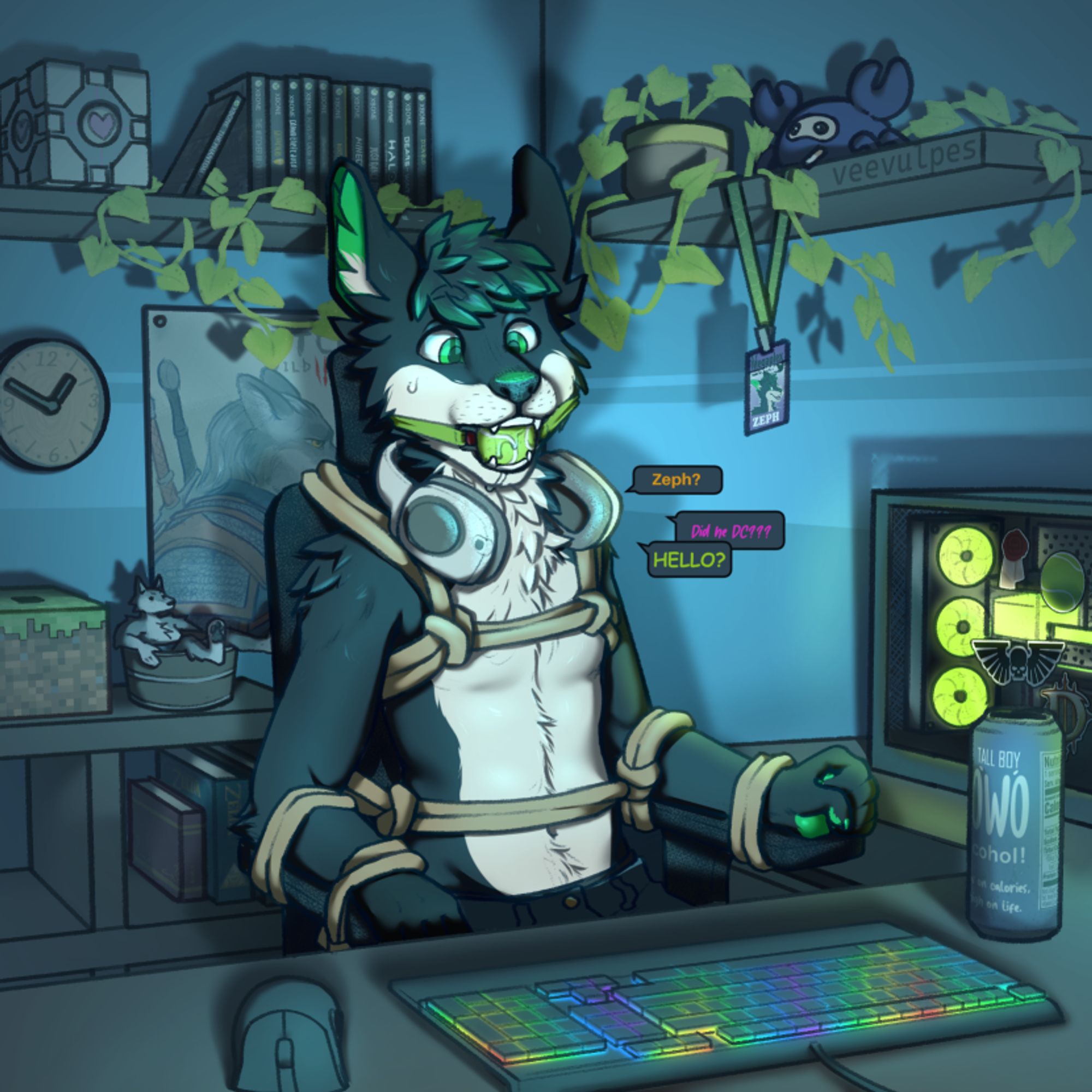 A navy and green wolf is tied up and gagged in a desk chair. He is in a poorly lit room, with video game merch on the shelves behind him. His PC tower glows green with RGB lighting to the side.