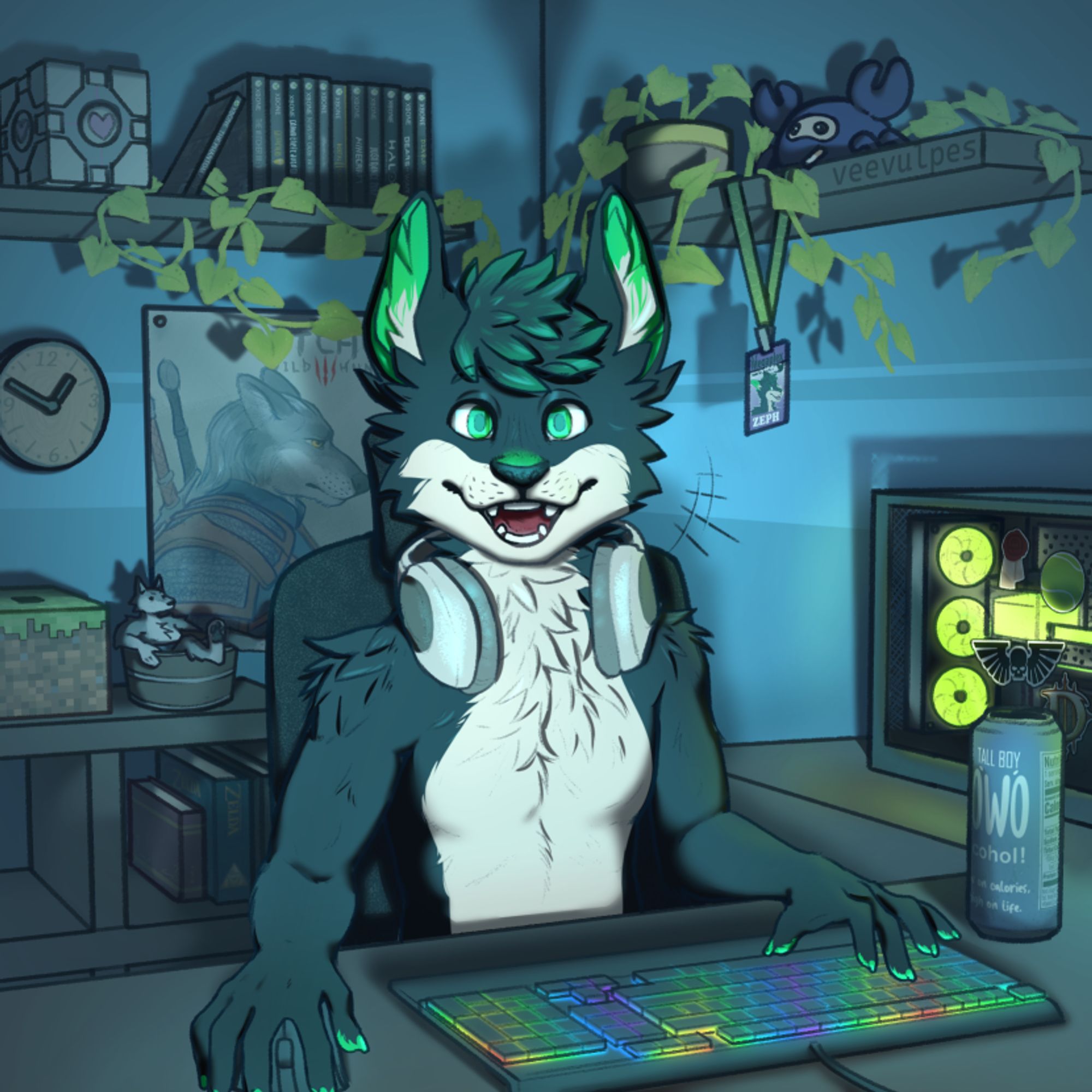 A navy and green wolf sits at a desk, using a keyboard and mouse. He is in a poorly lit room, with video game merch on the shelves behind him. His PC tower glows green with RGB lighting o the side.