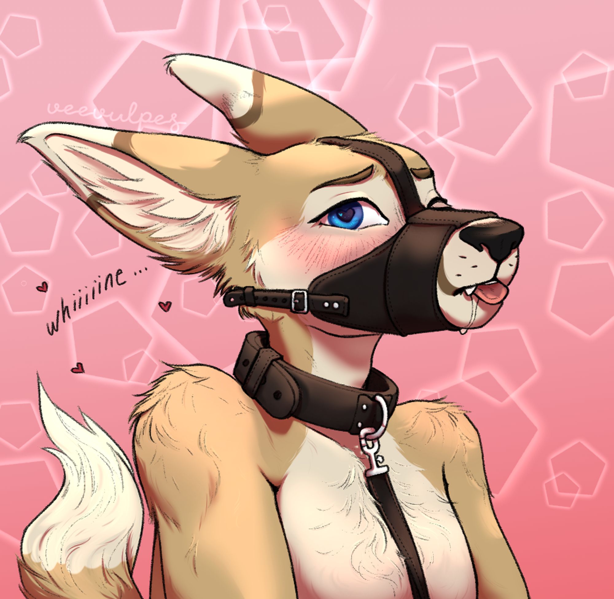 A bust of a fennec fox character in a leather muzzle. their tongue is sticking out just a lil bit.