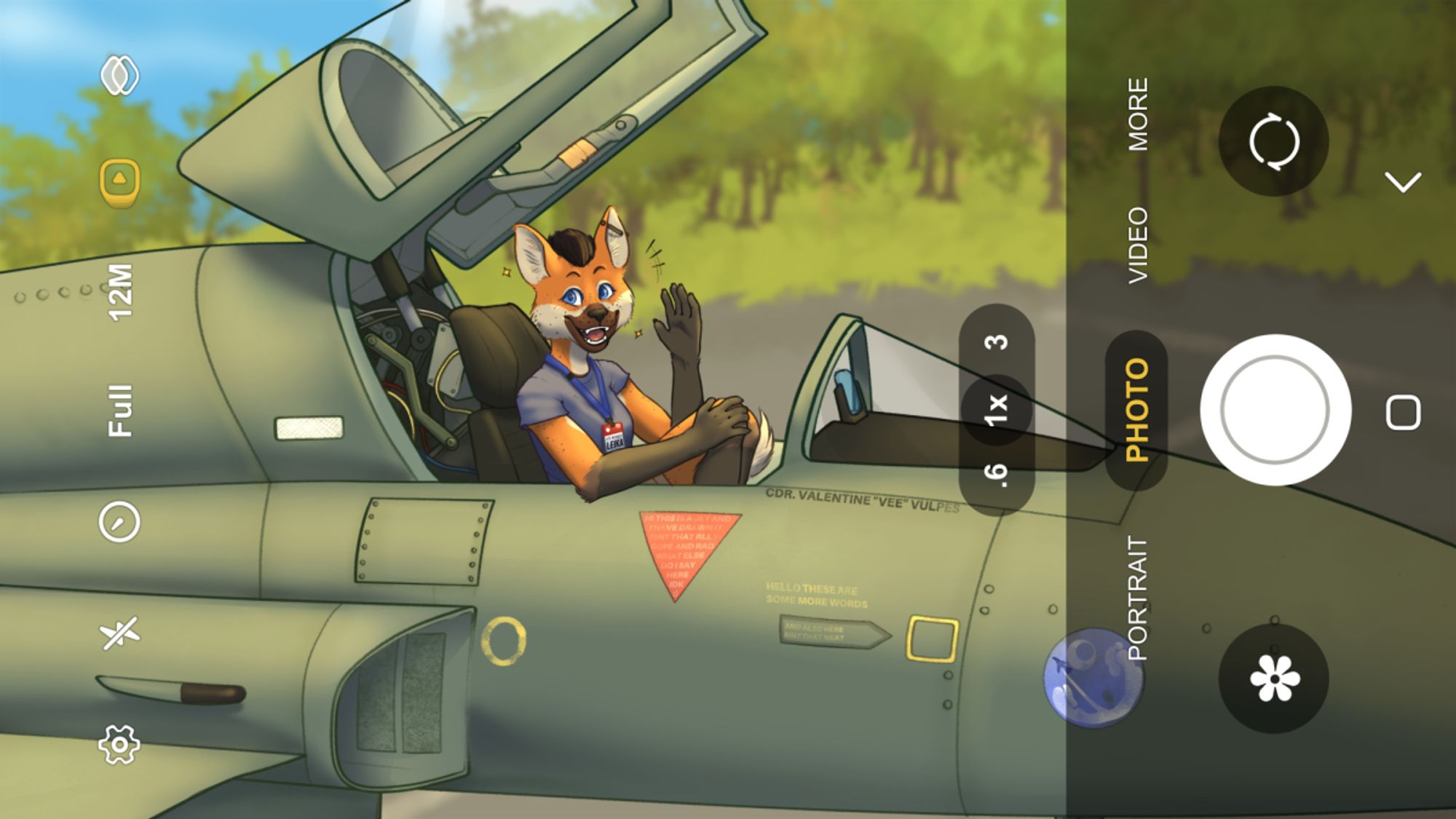 Anthropomorphic maned wolf girl sits in the cockpit of an F-5 fighter jet, waving at the viewer. There is a camera app overlay on the image to imply the point of view is from the holder of the camera.