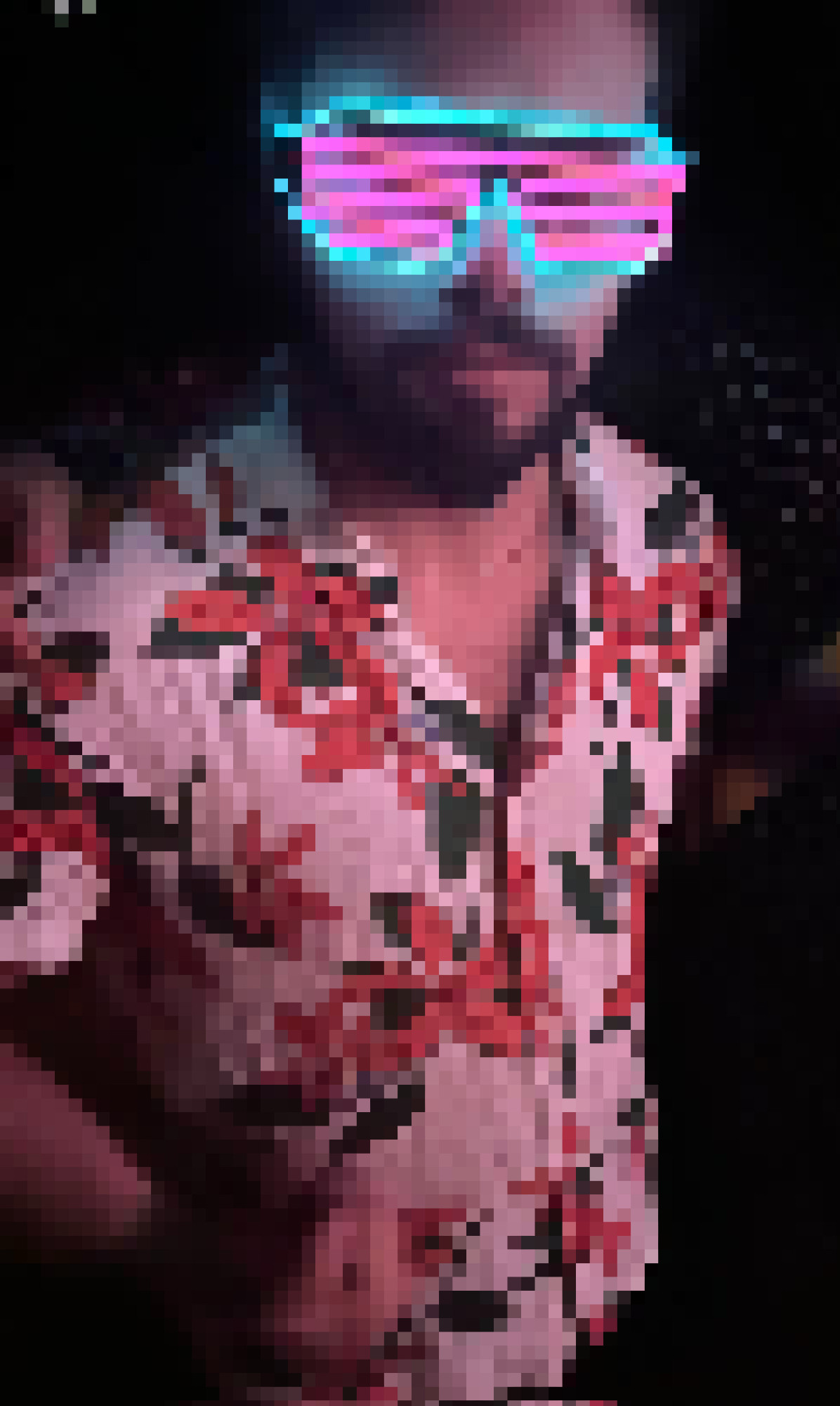 Me with an orange/white/green Hawaiian shirt and neon raver glasses. Pixelated like an early 90s point and click adventure game.