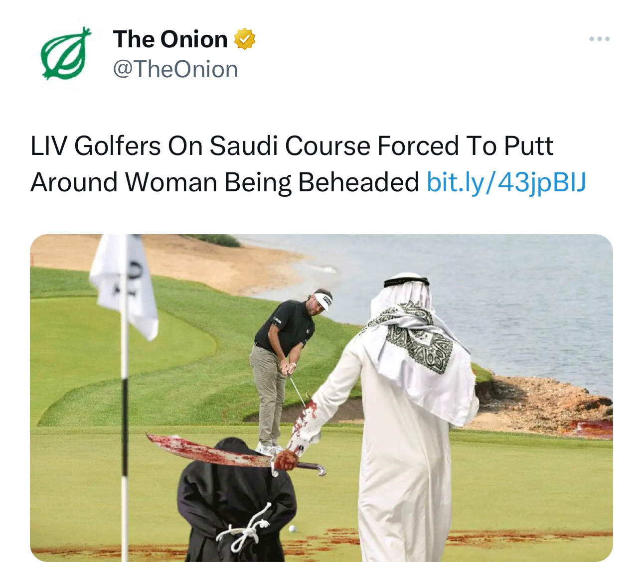 @TheOnion
LIV Golfers On Saudi Course Forced To Putt Around Woman Being Beheaded bit.ly/ 43jpBIJ