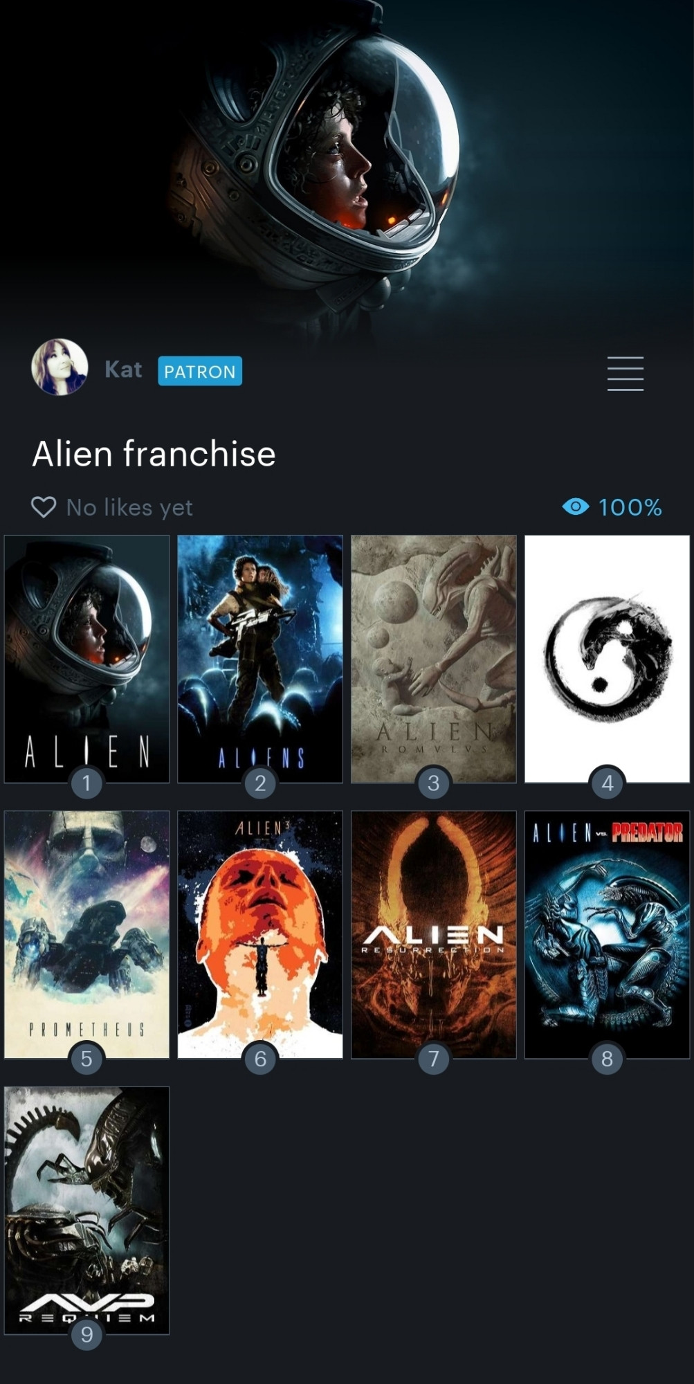 1  Alien
2 Aliens
3 Alien Romulus 
4 Alien Covenant 
5 Prometheus 
6 Alien 3
7 Alien Resurrection 
8 Alien v Predator 
9 AVP: Requiem 