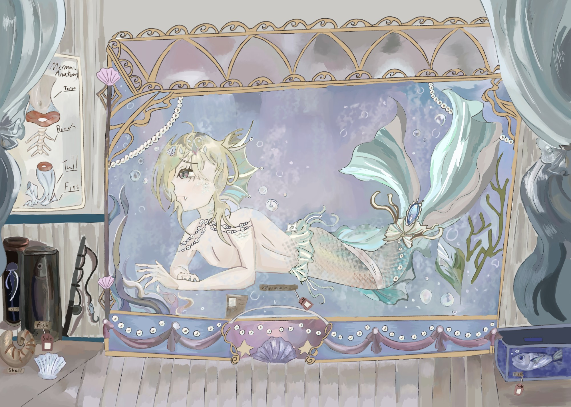 Merman oc inside a fish tank, around other smaller fish tanks and bottles.