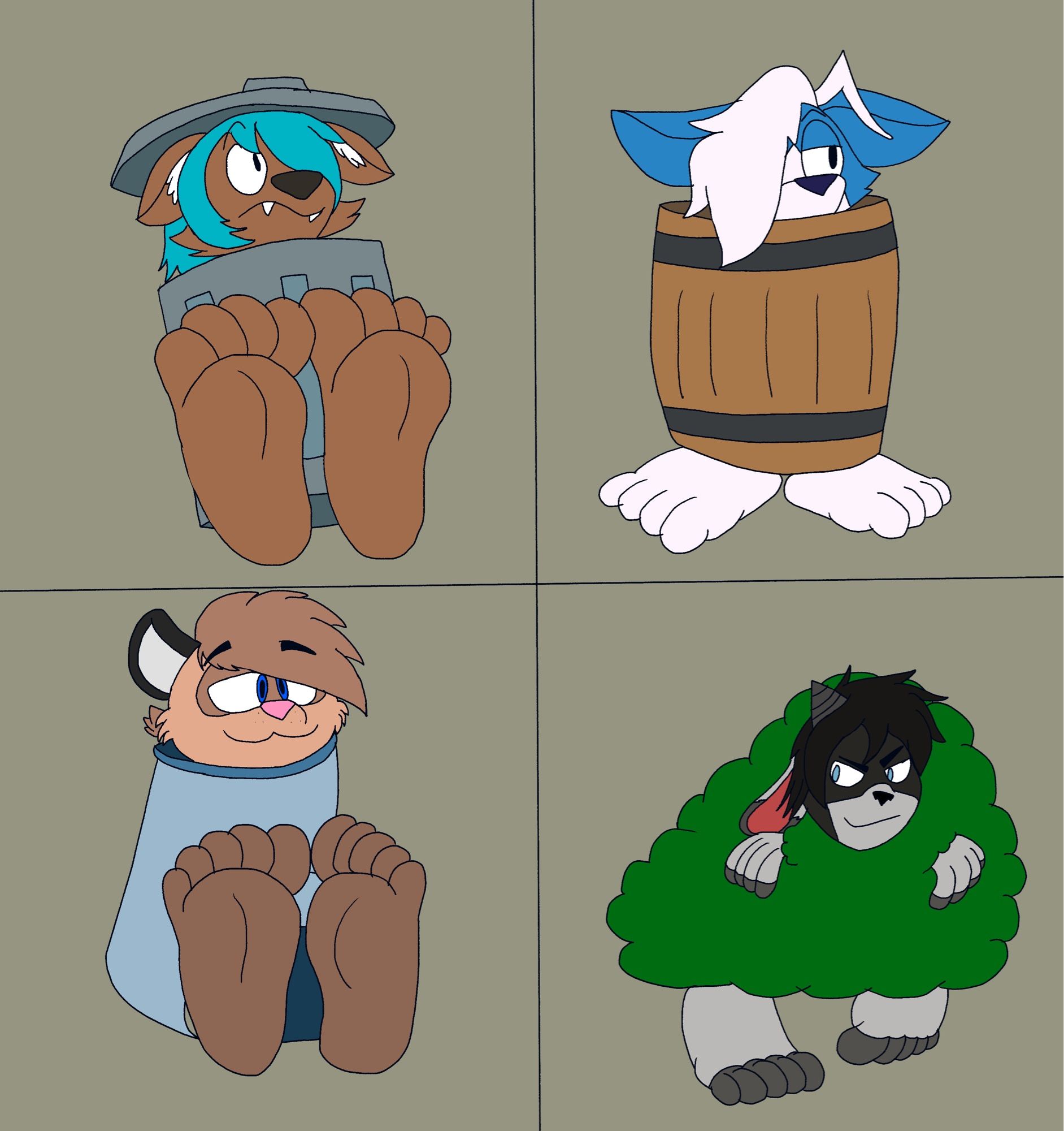 1. Kibble caught in his trash disguise.
2. Cobalt in his barrel disguise.
3. Benji’s ferret stuck in a rug.
4. PAHKYGO’s goat disguised as a bush.