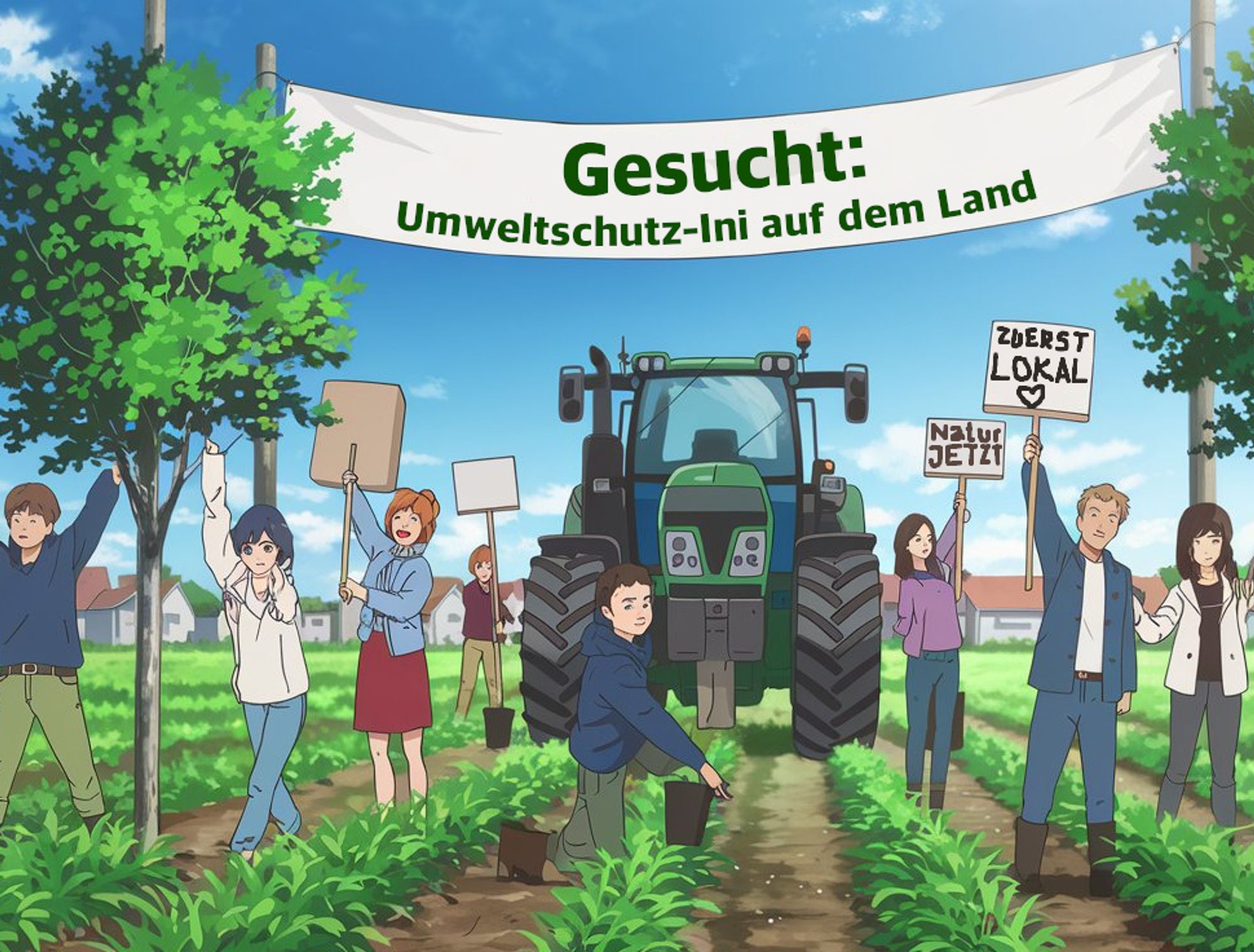 Zeichnung mit Aufschrift „Gesucht: Umweltschutz-Ini auf dem Land“. Erstellt mit ideogram.ai und GIMP.