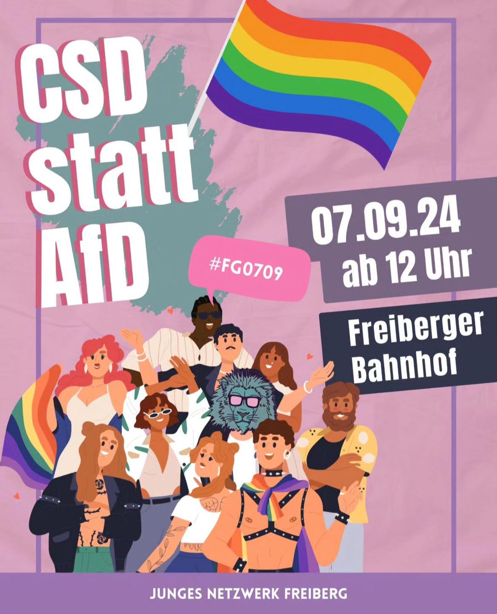 🌈 CSD Freiberg 
🕖 07.09. ab 12 Uhr 
📍 Bahnhof Freiberg