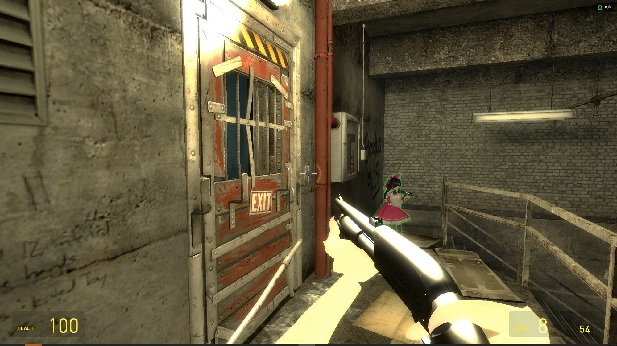 A screenshot of the in-development Left 4 Dead gamemode for Garry's Mod, which shows Marisa Kirisame holding a pump shotgun and Reimu Hakurei holding a SMG