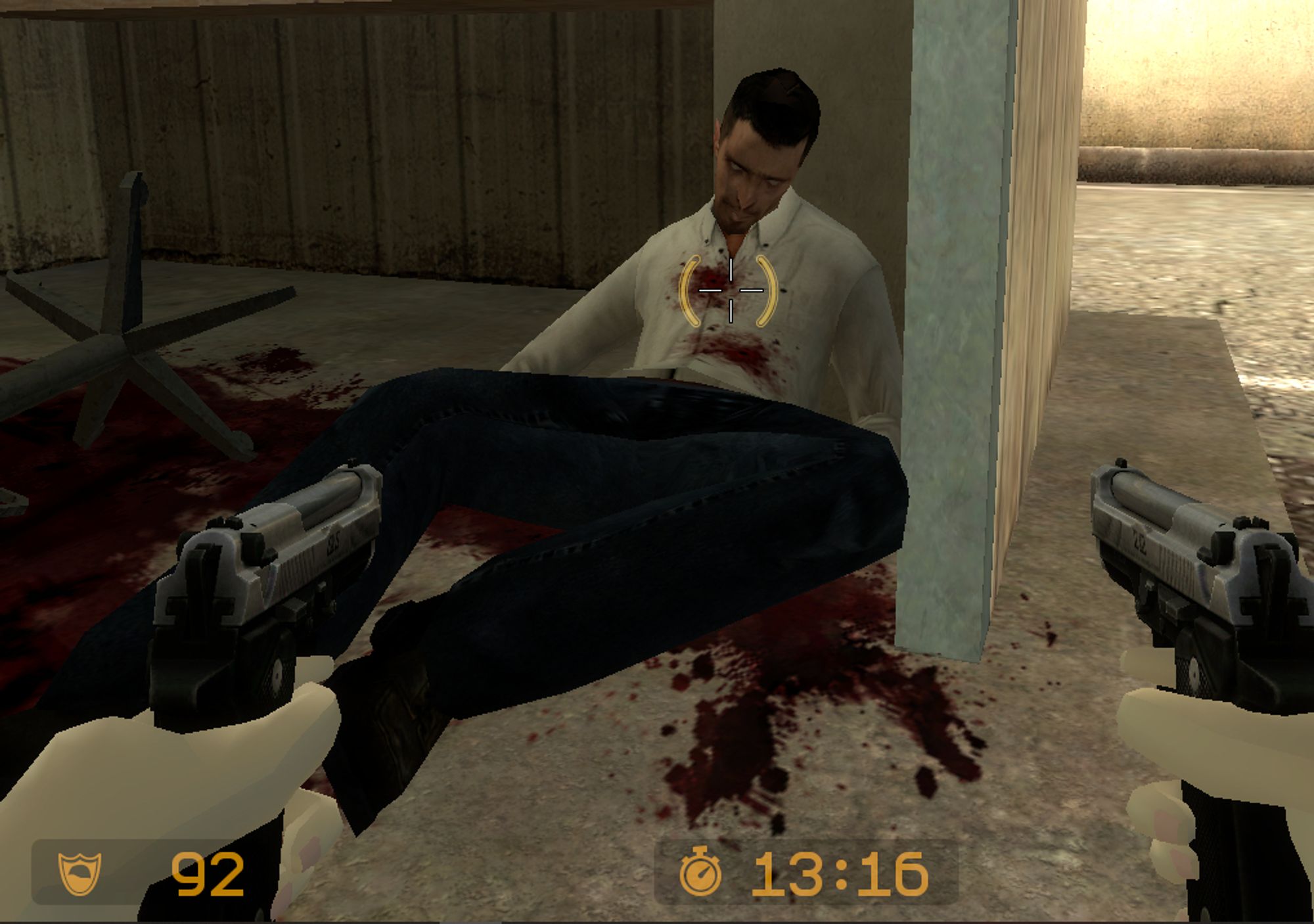 A screenshot of the Counter-Strike: Source gamemode, which shows a dead hostage and Marisa holding Elites.