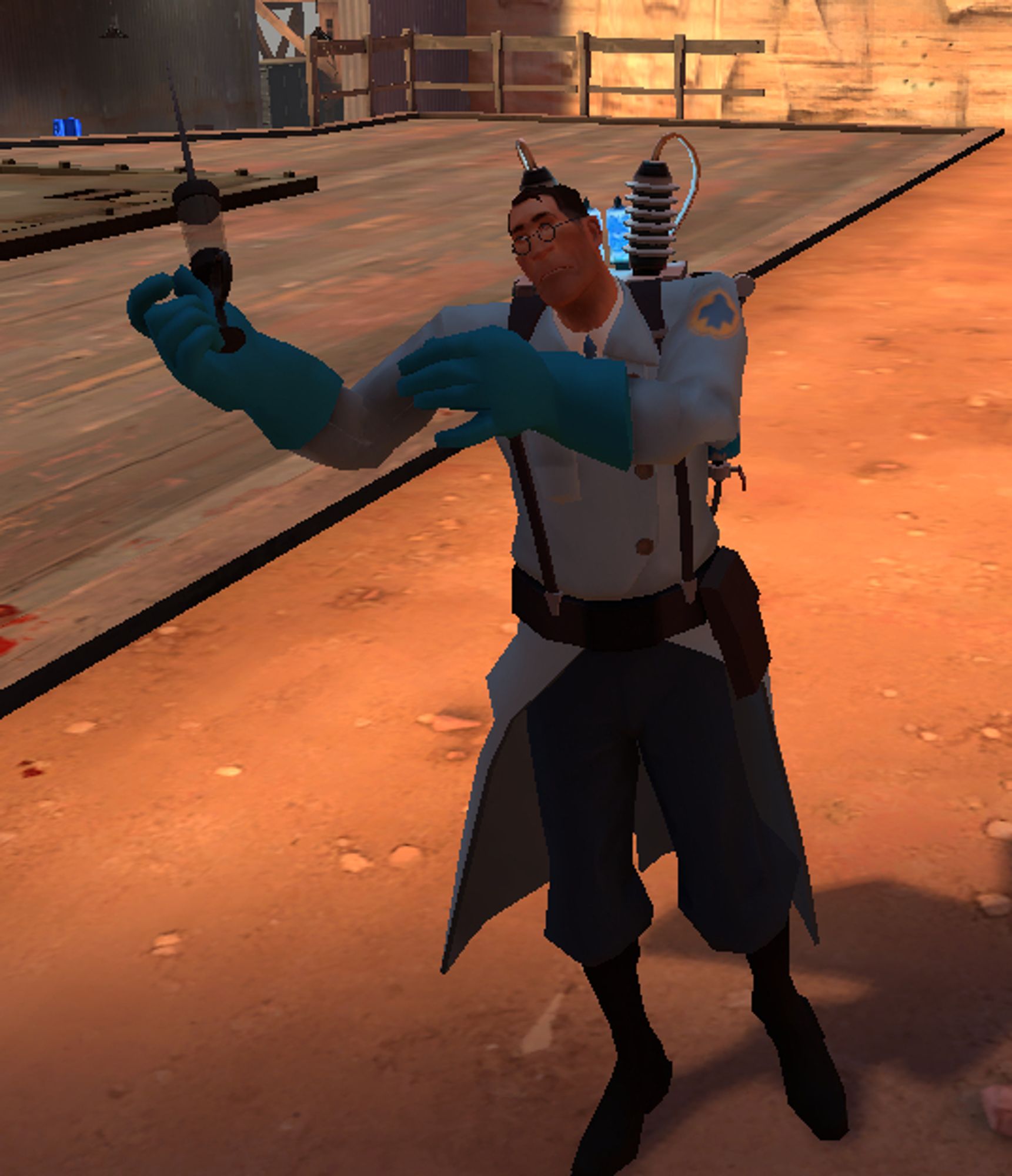 Siobhan's Medic taunting while holding a weapon 'The Syringe' that was cut in TF2's development.