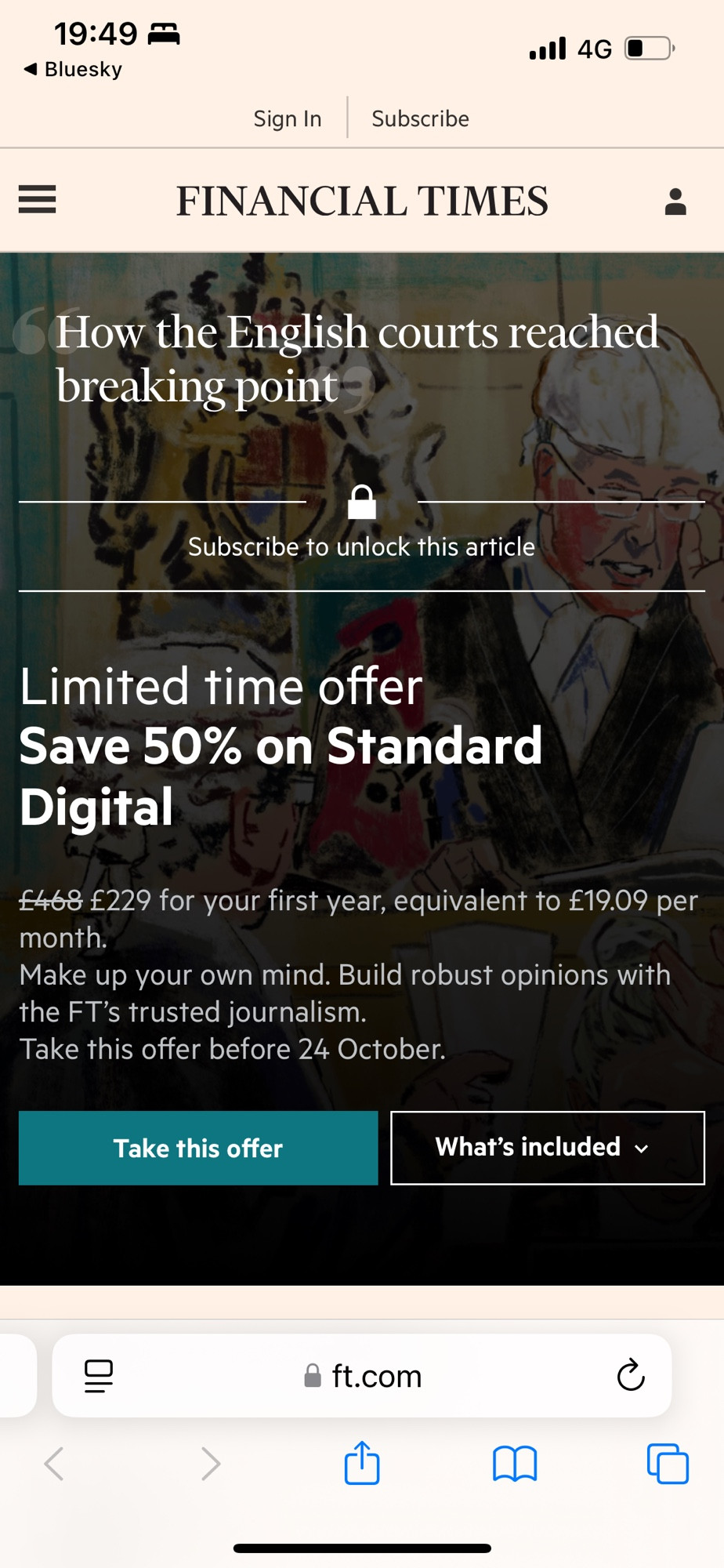 Financial Times message saying I must take out a subscription to read a “free to read” article 