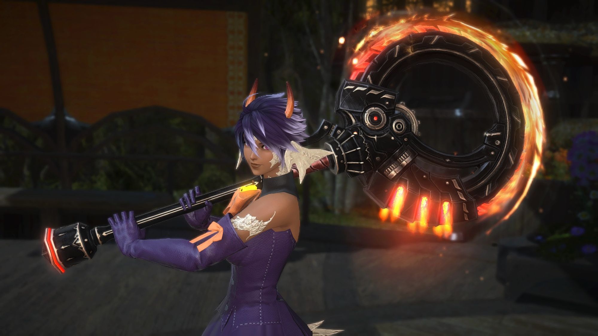 my final fantasy fourteen character wearing a purple witch's outfit with catoblepas horns on, holding the exquisite wrathgrinder as a warrior, which has an orange buzzsaw effect