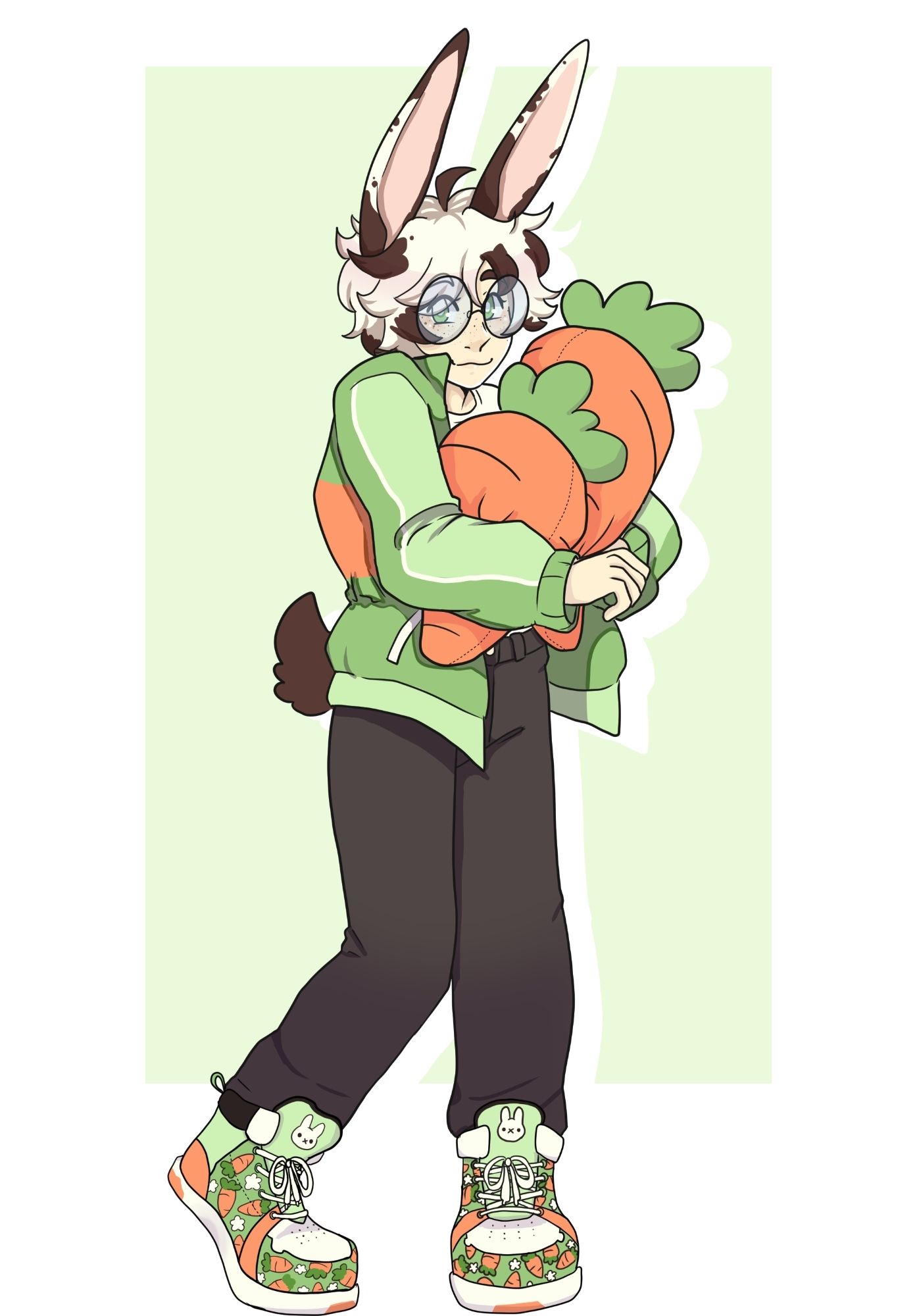 Digital drawing of a man with spotted rabbit ears, round glasses, a green jacket and oversized sneakers. He is hugging two large plush carrots and smiling at the viewer