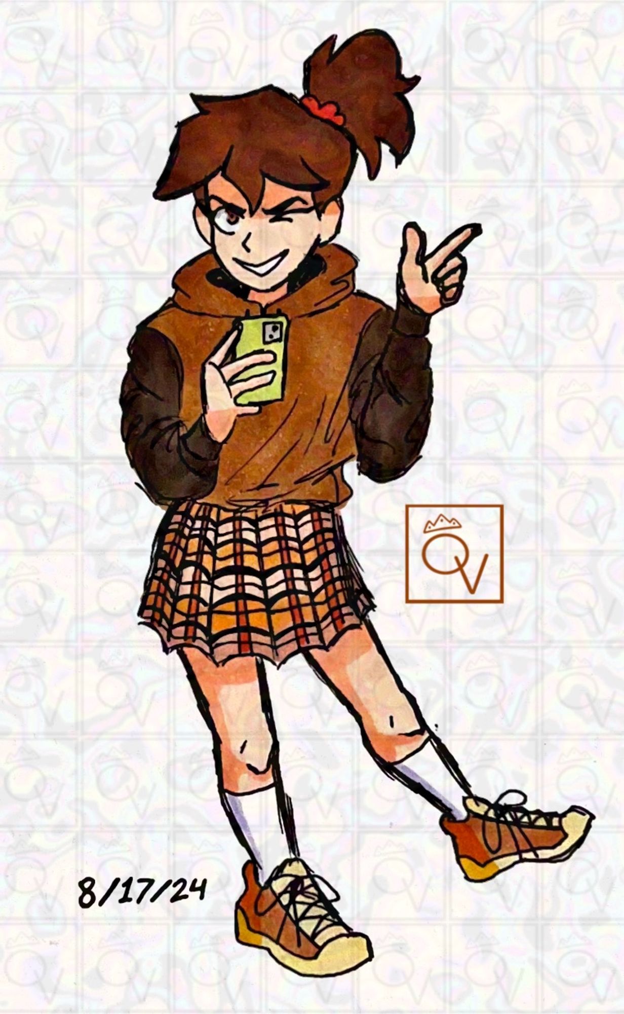 Traditionally colored drawing of Queeny’s OC Lisa, she’s wearing a brown hoodie and matching plaid pleated skirt and sneakers while holding her phone posing for a picture winking, smiling and pointing her finger in a finger gun shape.