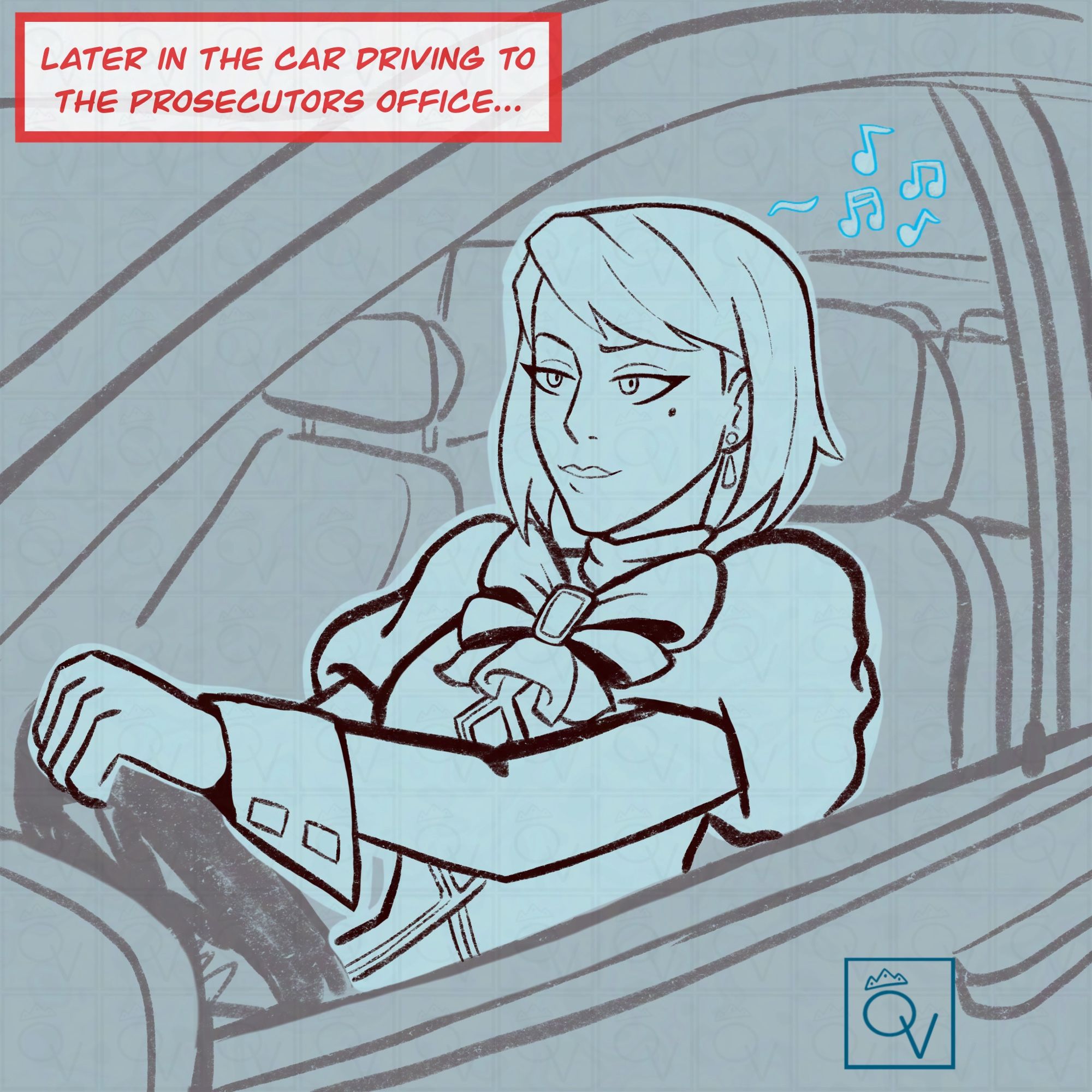 Text in the top corner reads "Later in the car driving to the prosecutors office..." Franziska is driving in her car calming humming a random melody.