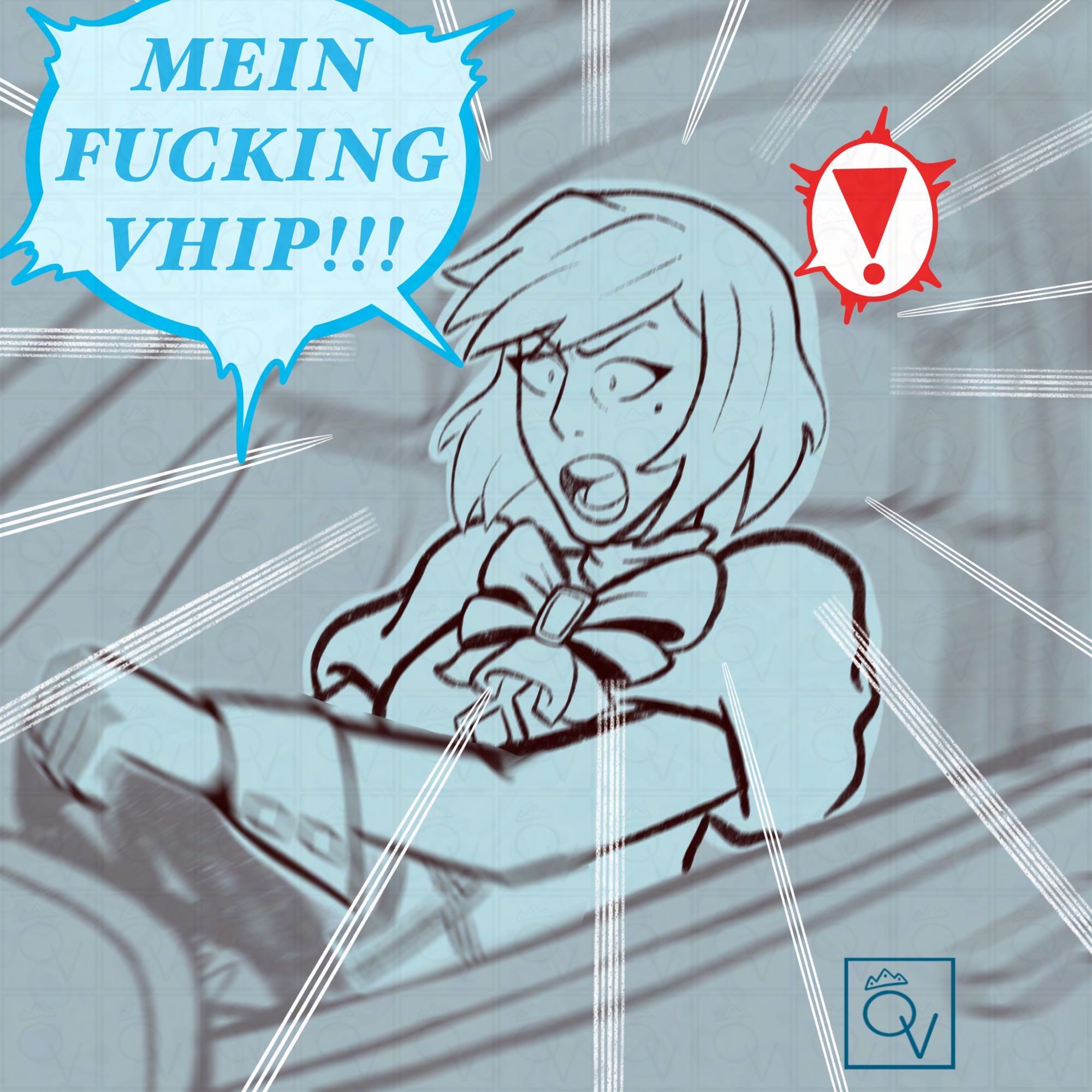 Franziska slams on the breaks yelling with an exaggerated angry expression "MEIN FUCKING VHIP!" there's action lines around her and motion blur.