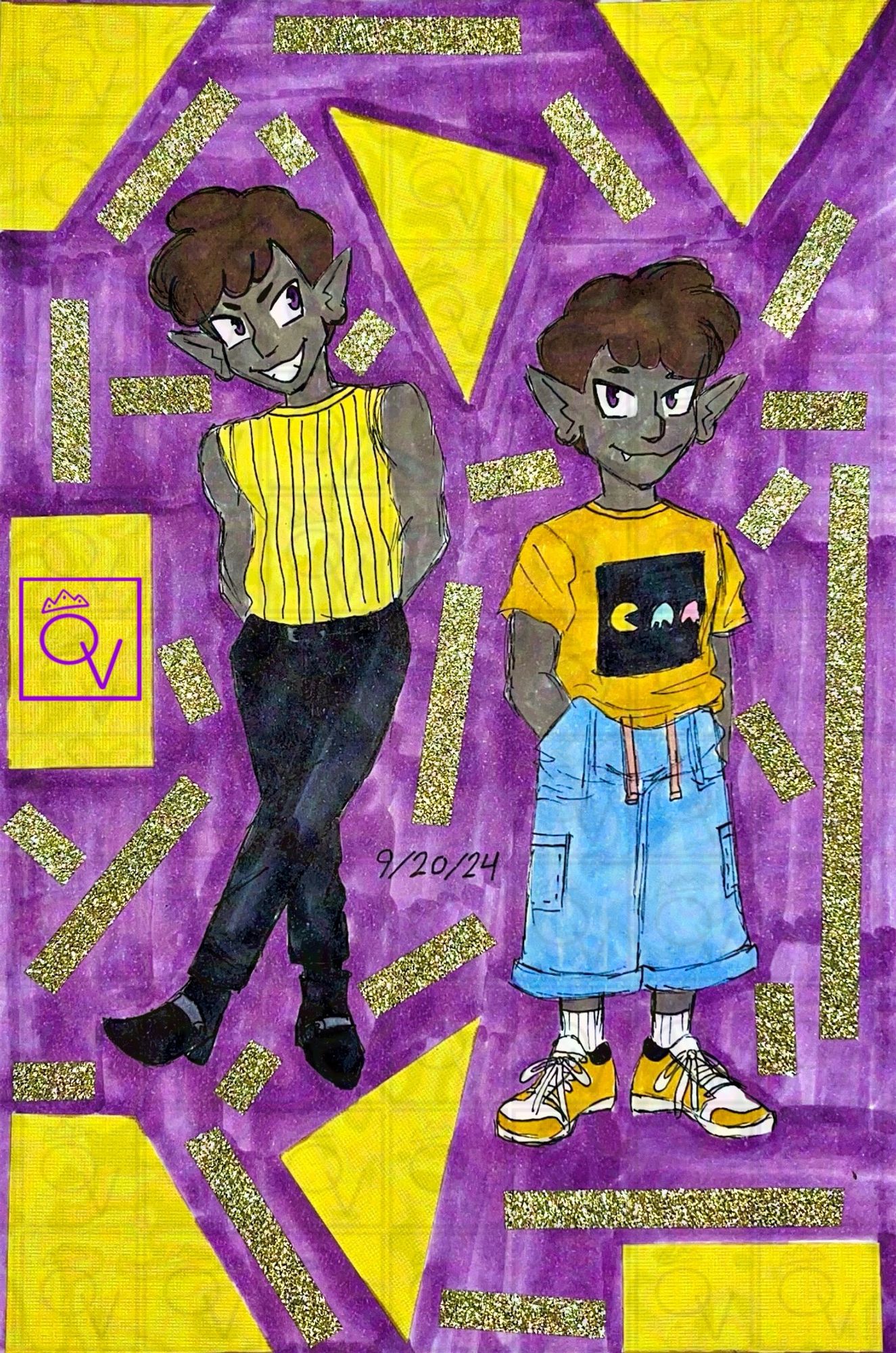 Traditionally colored drawings of Queeny’s OC Kit. In the first drawing he’s wearing a yellow tank top and their hands behind their back with black slacks and black loafers and in the second drawing he’s wearing a yellow shirt with Pac-Man chasing ghost, blue baggy cuffed jeans with his hands in the pockets and yellow sneakers.