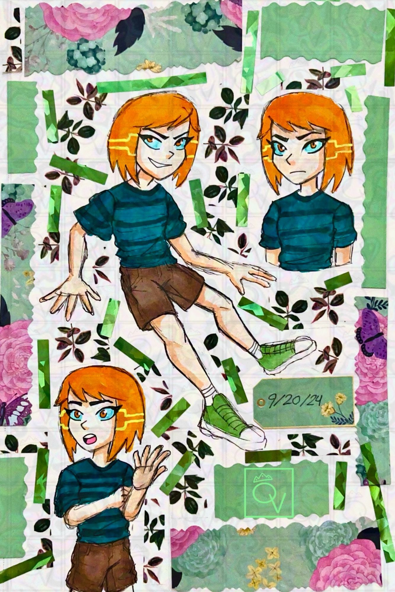 Traditional colored drawings of Queeny’s OC Lisa. She’s wearing a dark teal striped t-shirt, brown shorts and green sneakers with 3 different expressions and poses.