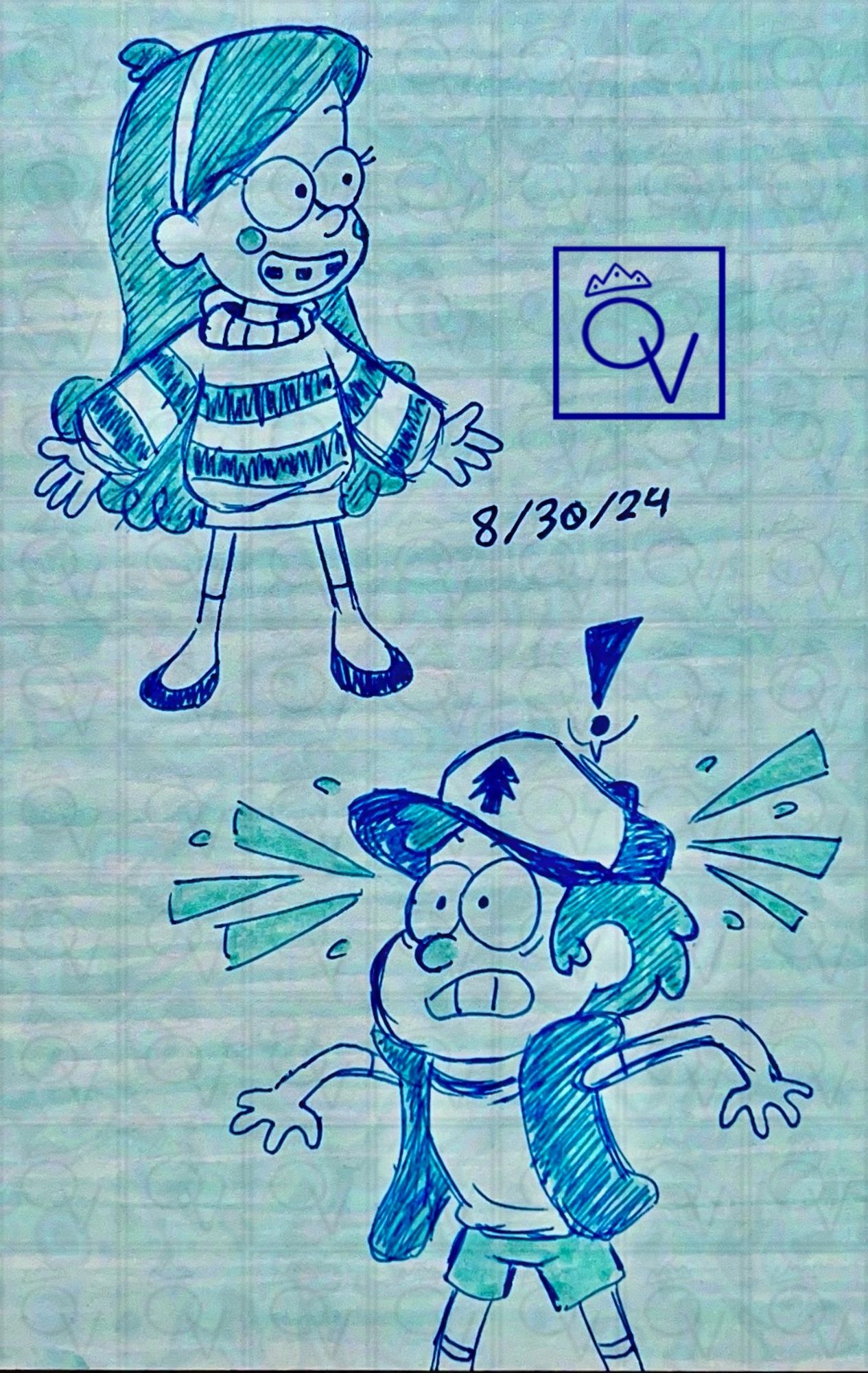 Traditionally drawn sketches of Dipper and Mabel from Gravity Falls drawn in blue gel pen. Mabel is at the top half of the page standing with her arms out stretched, smiling in a scribbly lined striped sweater. Dipper at the bottom half of the page with a surprised worry expression standing in a wide stance with arms outstretched and cartoony expression lines all around him.