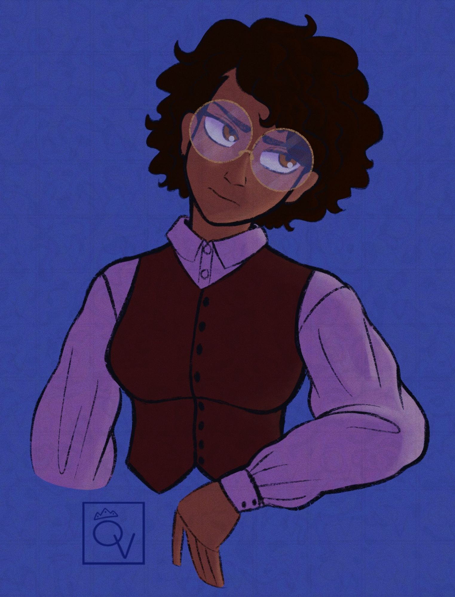 Digital drawing of Queeny’s OC Kalyani Zubin. 

She’s in her early 20s with her hair short, wearing large round gold rimmed glasses, a brown button up vest and white button up long sleeve shirt underneath.