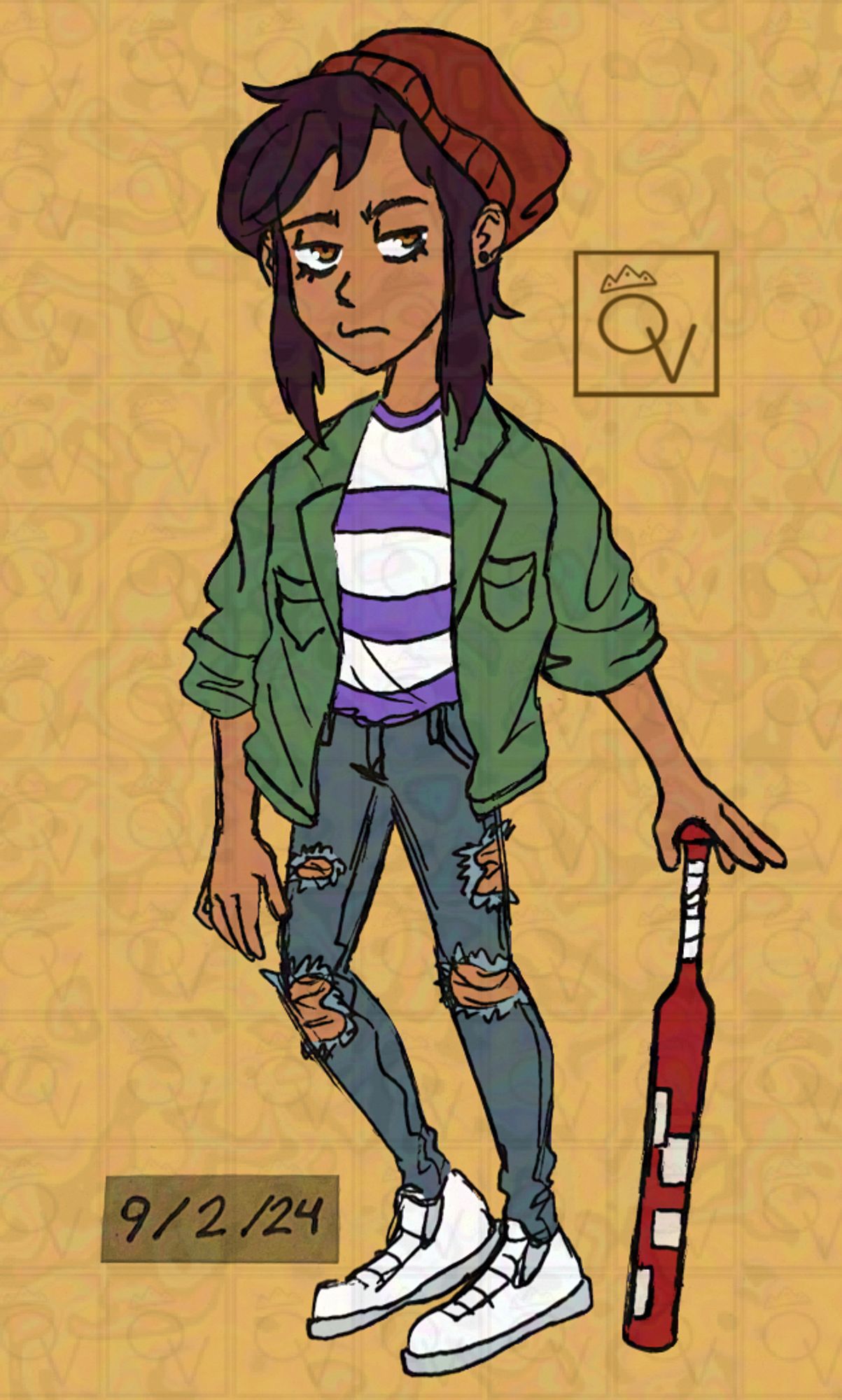 Traditionally drawn sketch of Beta Luz that was digitally cleaned up and colored. She’s standing holding a red baseball bat with her left hand. She’s wearing a burnt orange beanie, white and purple striped shirt with a green jacket, ripped jeans and white sneakers.